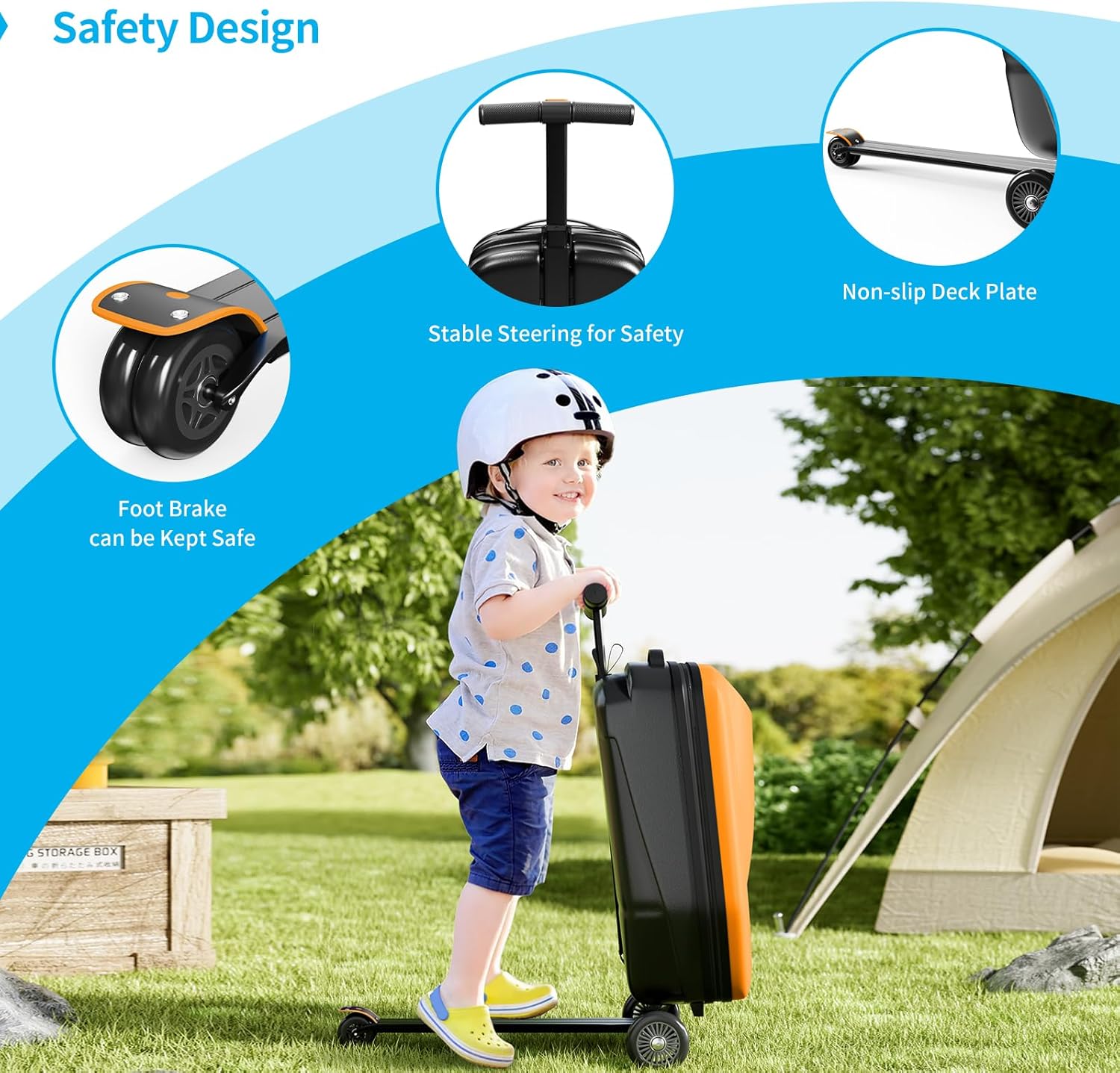 TABU 21" 3-D Hardshell Scooter Suitcase for Kid & Adult, Foldable Carry-on Scooter Luggage with Telescopic Handle, Multifunctional Lightweight Traveling Suitcase for Age 4-15, Orange