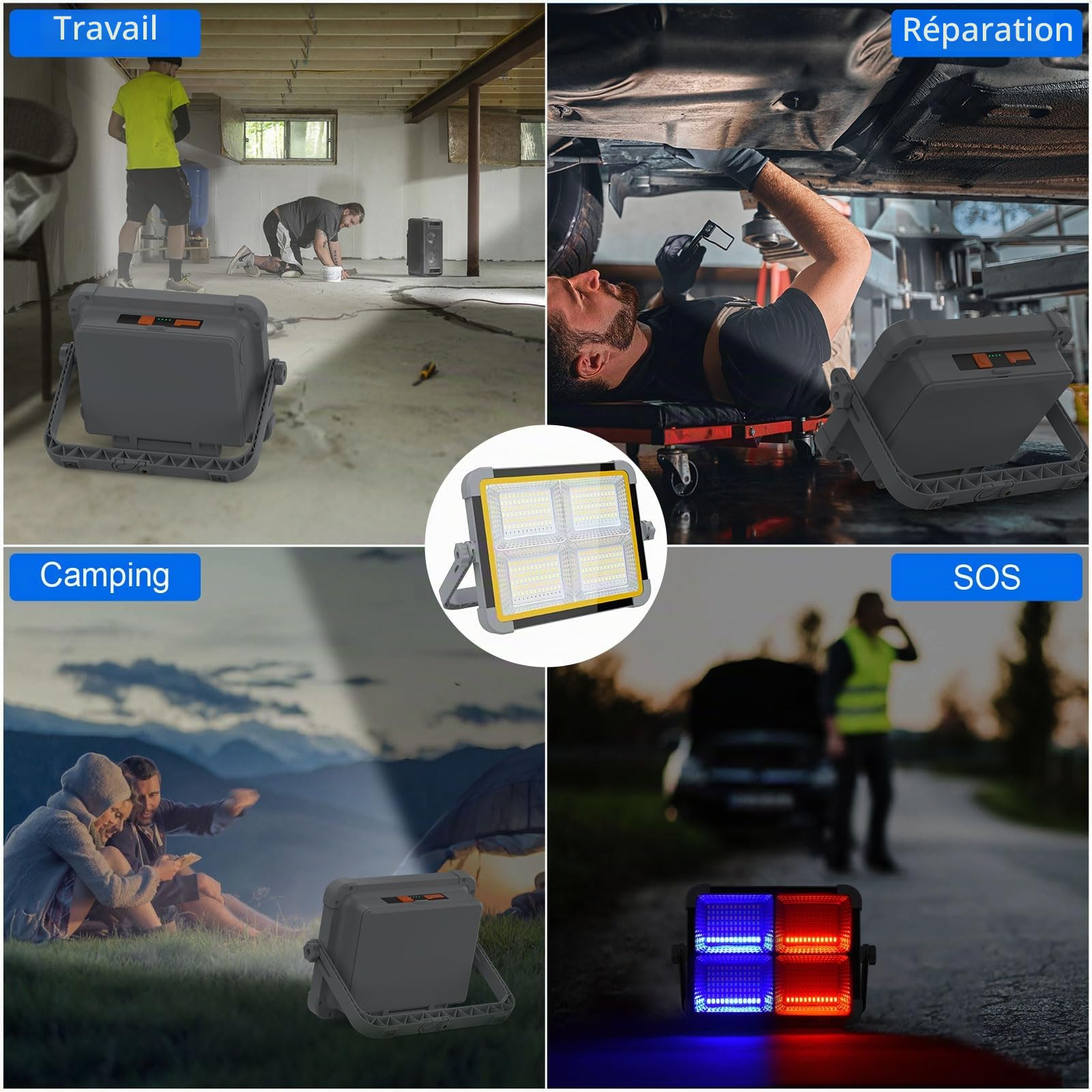 ERAY 150W Projecteur LED Rechargeable 9000mAh avec Double Panneau Solaire | 336 perles LED, 4 Modes, IP66, Projecteur LED Chantier Portable pour Garage, Camping, Atelier, Urgence, Chantier, Extérieur