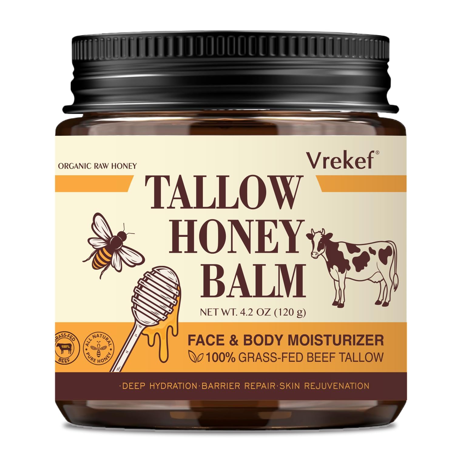 Beef Tallow for Skin (4.2 oz)– Tallow and Honey Balm for Face & Body – Grass-Fed Tallow with Beeswax, Sea Buckthorn Oil, Shea Butter, Vitamin E – Natural Moisturizer