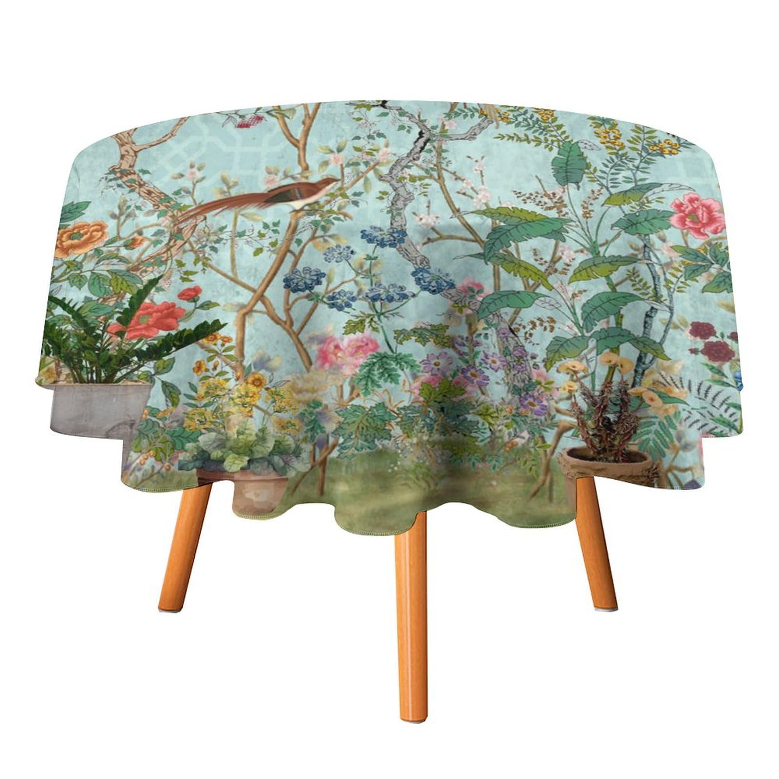 Coalho Abstract William Morris Floral Bird Circular Tablecloth For Kitchen,Rustic Mid Century Spring Garden Green Leaves Florals Round Tablecloth Waterproof Table Cloth For Picnic Outdoor-60