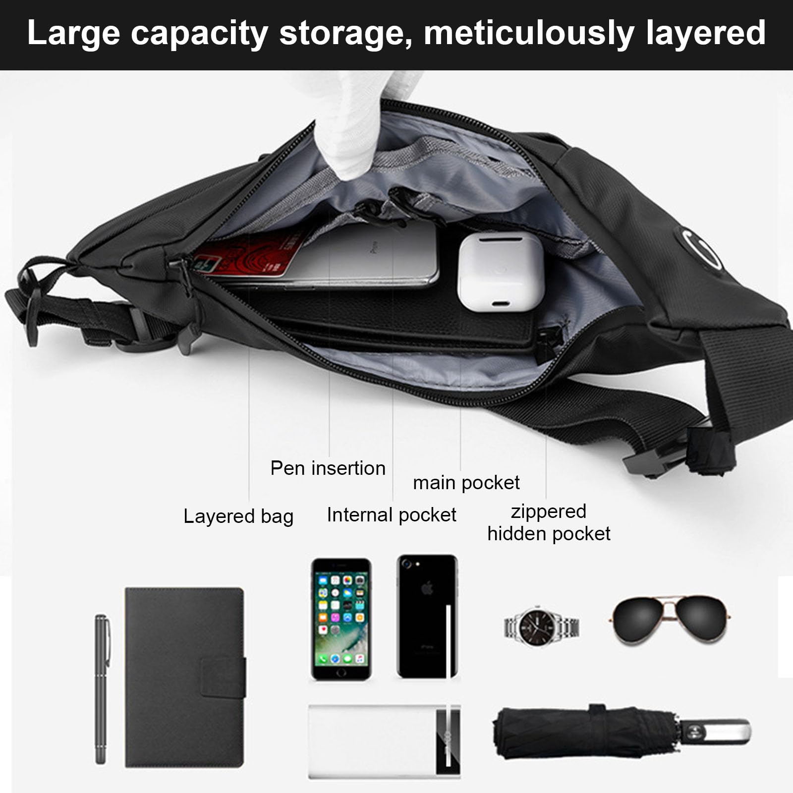 Sling Crossbody Bag, Umhängetasche Unisex, Lässige Brusttasche Wasserdicht Leicht Gym Backpack, Diebstahlsicher Sling Rucksack, mit Verstellbarem Schultergurt, für Outdoorsport, Reisen (Schwarz)