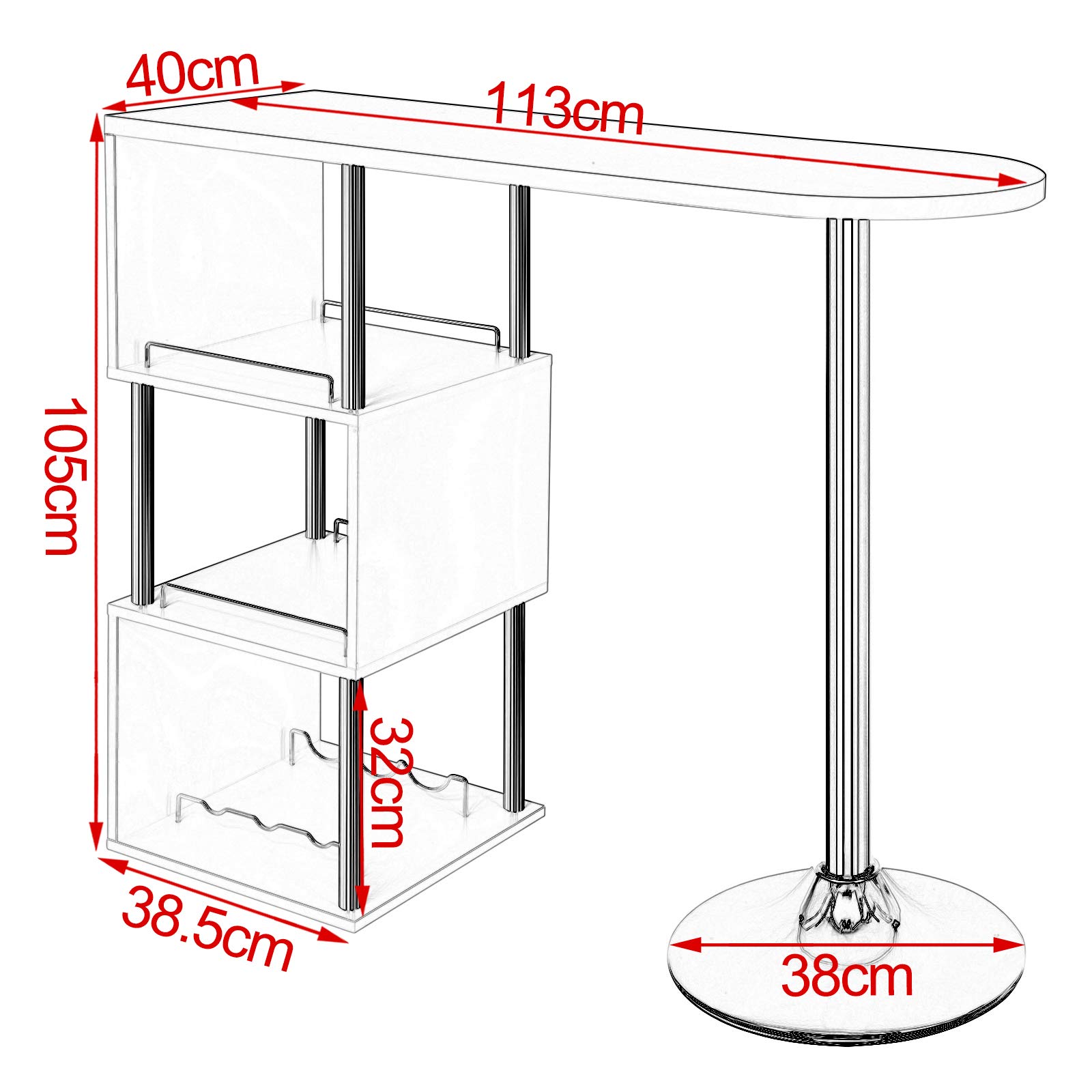 WOLTU Table de Bar avec 3 Tablettes et Porte-Bouteilles, Table de Cuisine Haute en MDF et Métal, Mange Debout pour Bar, Cuisine, Salon, 113 x 40 x 105 cm, Blanc