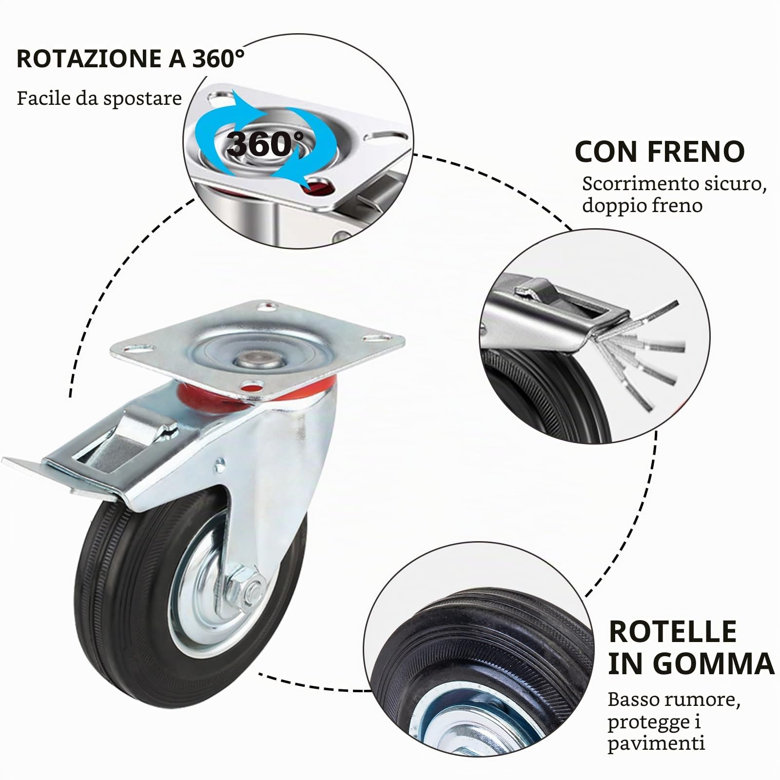 Ruote per Carichi Pesanti da 125 mm con Freno, 4 Rotelle per Mobile Rotelle Girevoli fino 400 kg, Ruote di Trasporto Rotazione 360°, Gomma Ruote industriali Pesanti (2 Girevoli + 2 Con Freno)