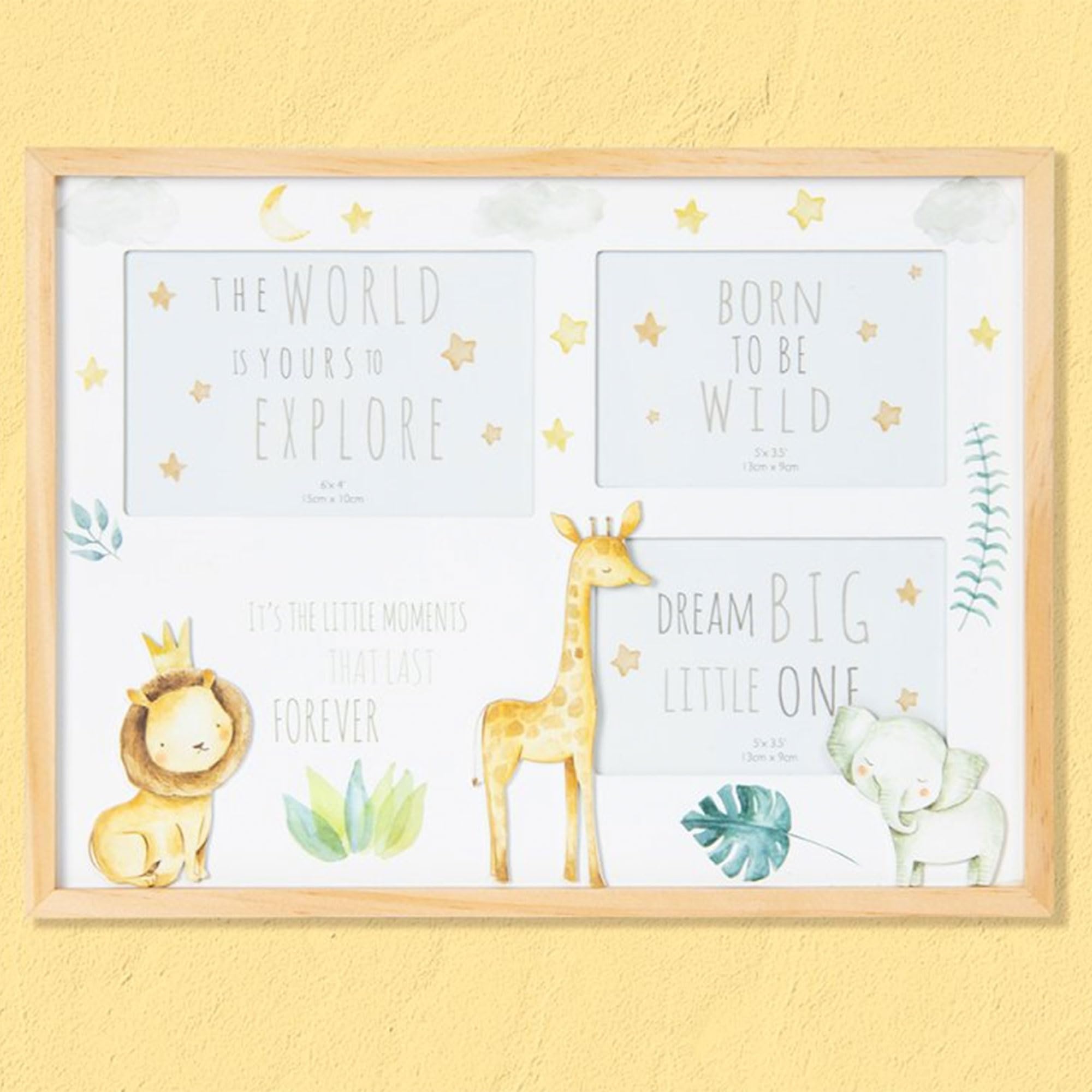 Little Moments 3 Photo Frame, Children's and Baby Memories Frame, Lion Giraffe Elephant Animal Design Nursery Photo Frame, Artistic Photo Frame 6x4, 5x3, 5x3 Photo Wooden Frame