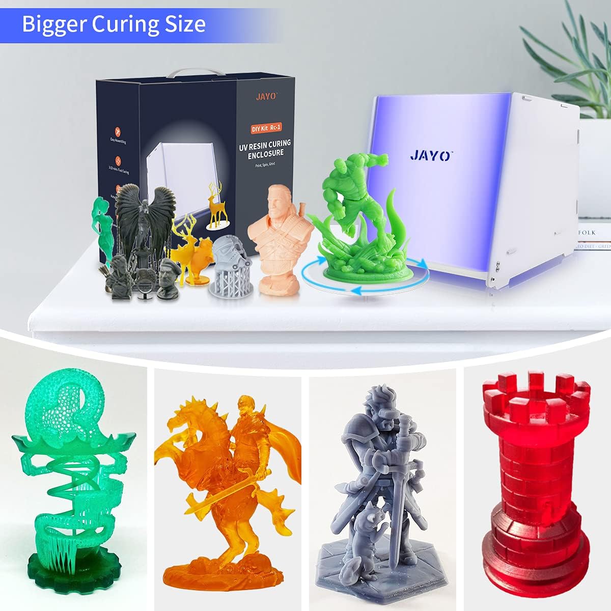 JAYO Resin Curing Box, Assemble UV LED Light Curing Station for 3D Printer Model, with 360° Electric Turntable and Smart Adjustment Timer for a Fasting Curing on SLA/DLP/SLA 3D Print UV Resin Models