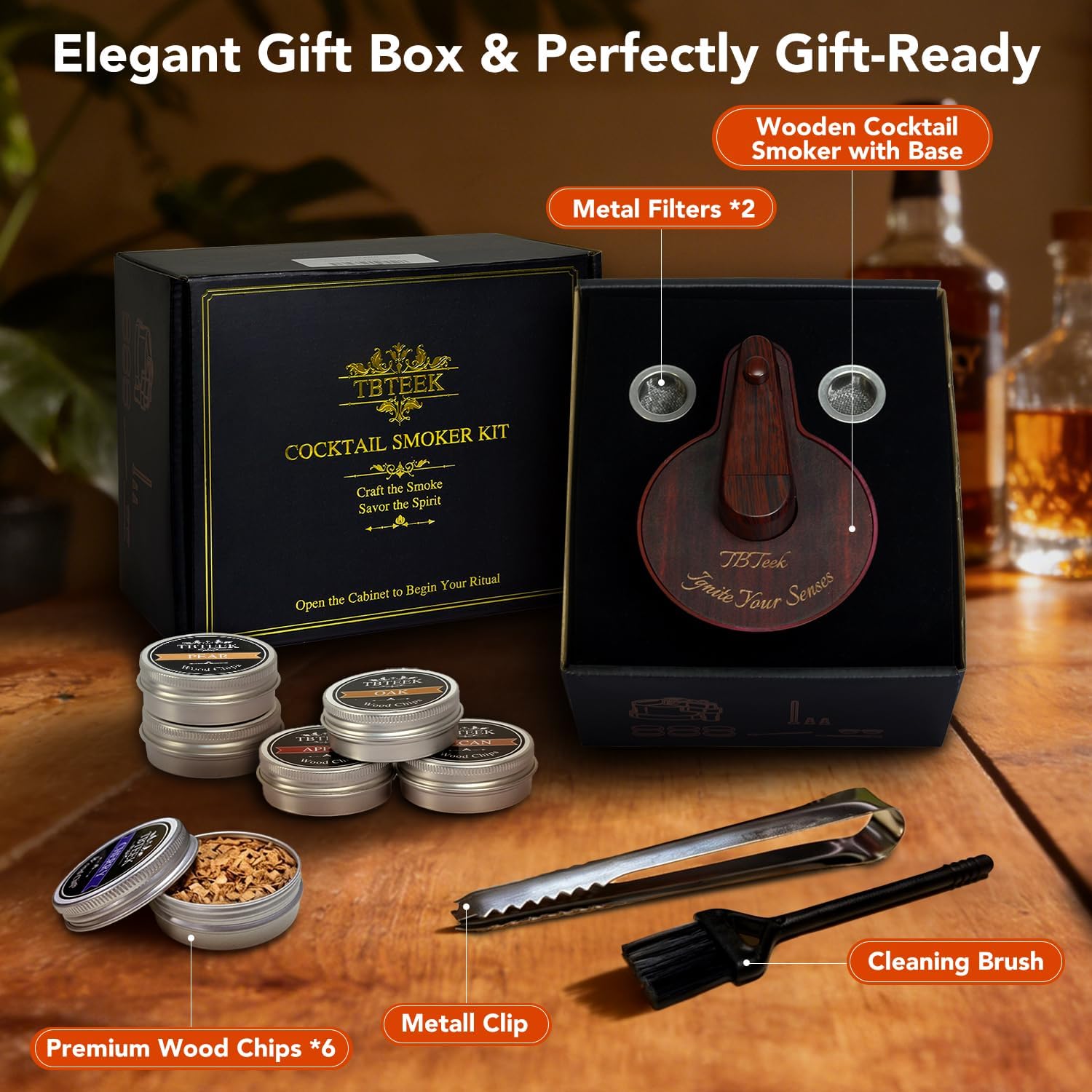 TBTeek Whiskey Smoker Kit with Built-in Torch, Old Fashioned Cocktail Smoker Infuser for Drinks, Premium Bourbon Gifts for Men Dad Husband, Includes 6 Wood Chips, 2 Filters, Brush & Clip (No Butane)