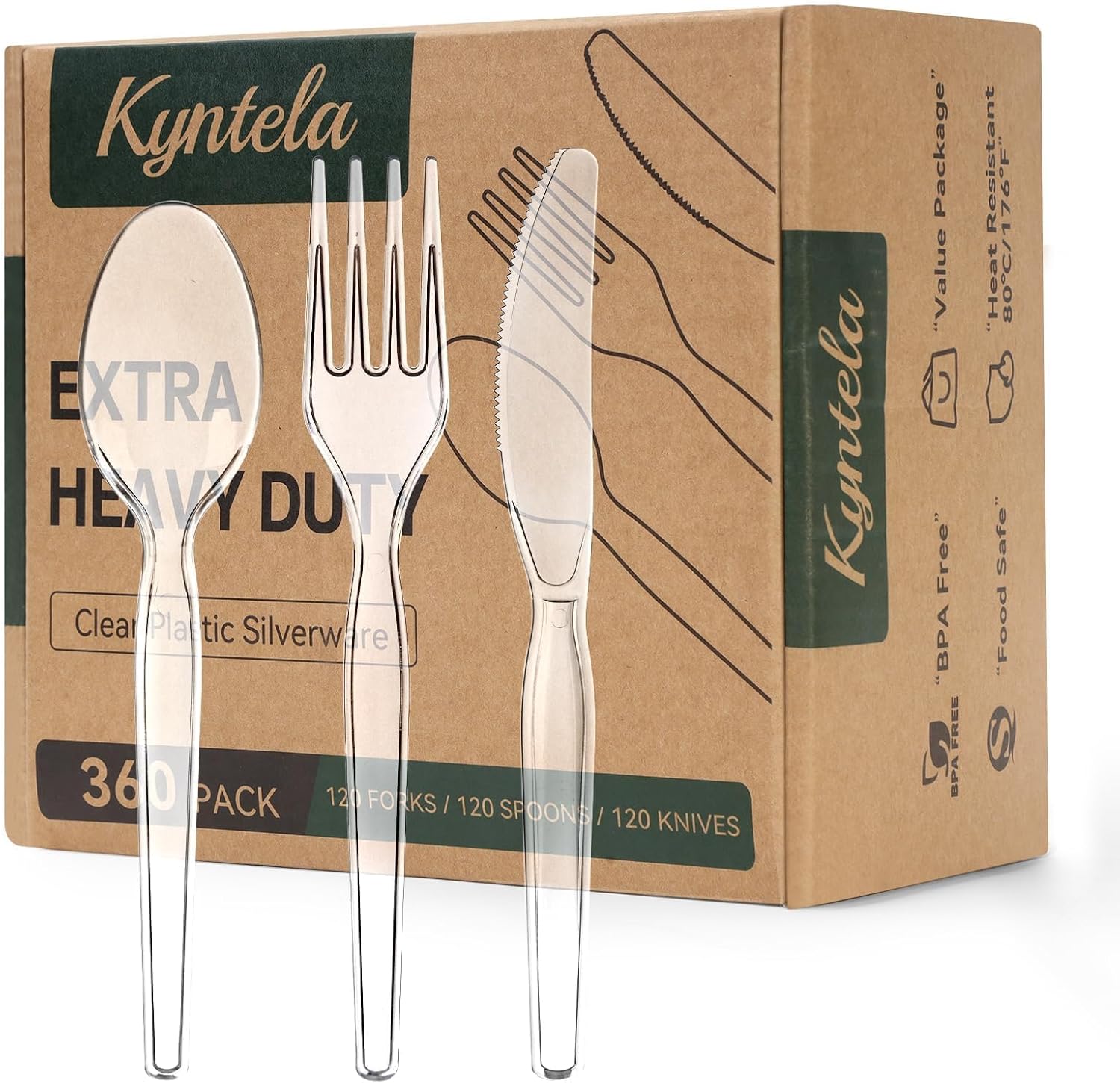 Heavy Duty Plastic Cutlery Set, 360 Count Disposable Cutlery Set with Clear Forks Spoons and Knives, BPA-Free Heat Resistant Silverware, Plasticware Bulk for Parties, Catering, Picnic