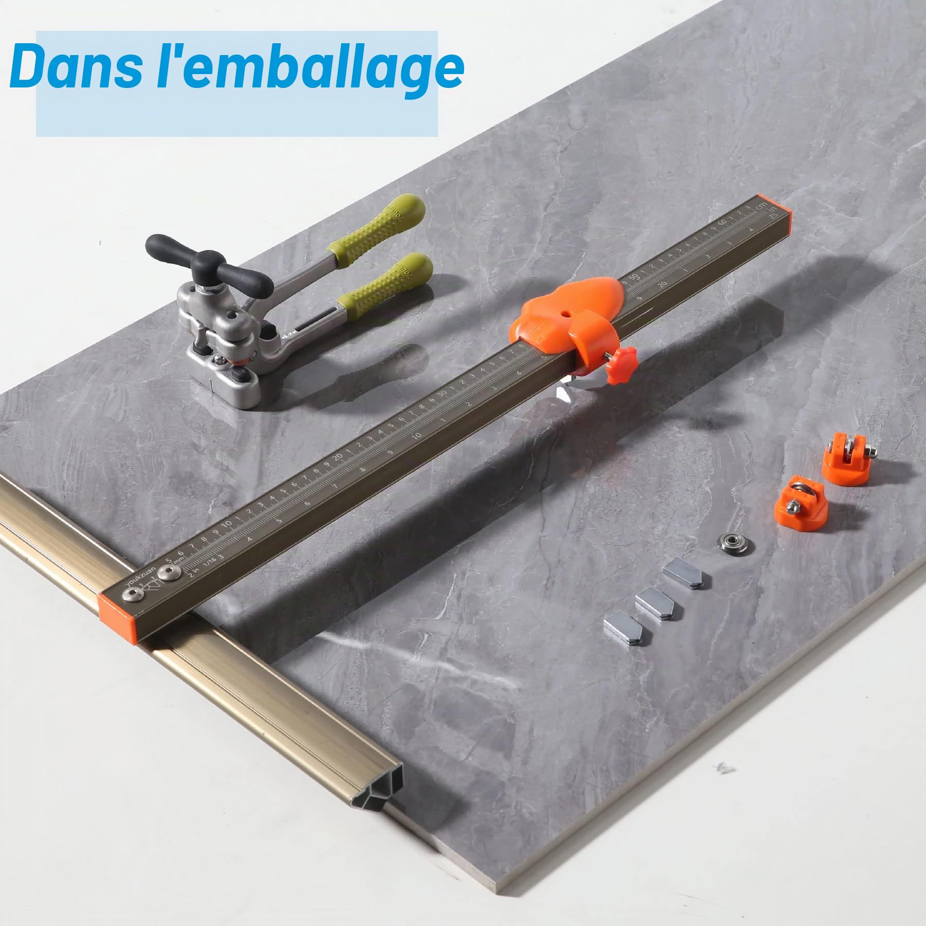 kit d'outils professionnels pour couper les carreaux de porcelaine avec un grand coupe-carreaux (peut couper 120cm), une pince à casser, 3 lames de coupe et 3 roues de coupe