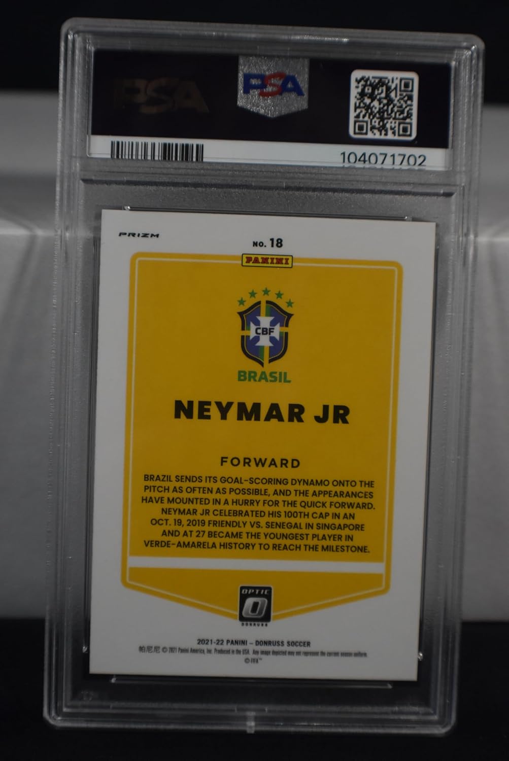 NEYMAR JR. 2021-22 Panini Donruss FIFA Road to World Cup Qatar #18 OPTIC HOLO PRIZM PARALLEL Soccer Card PSA Graded MINT 9 Brazil Santos FC