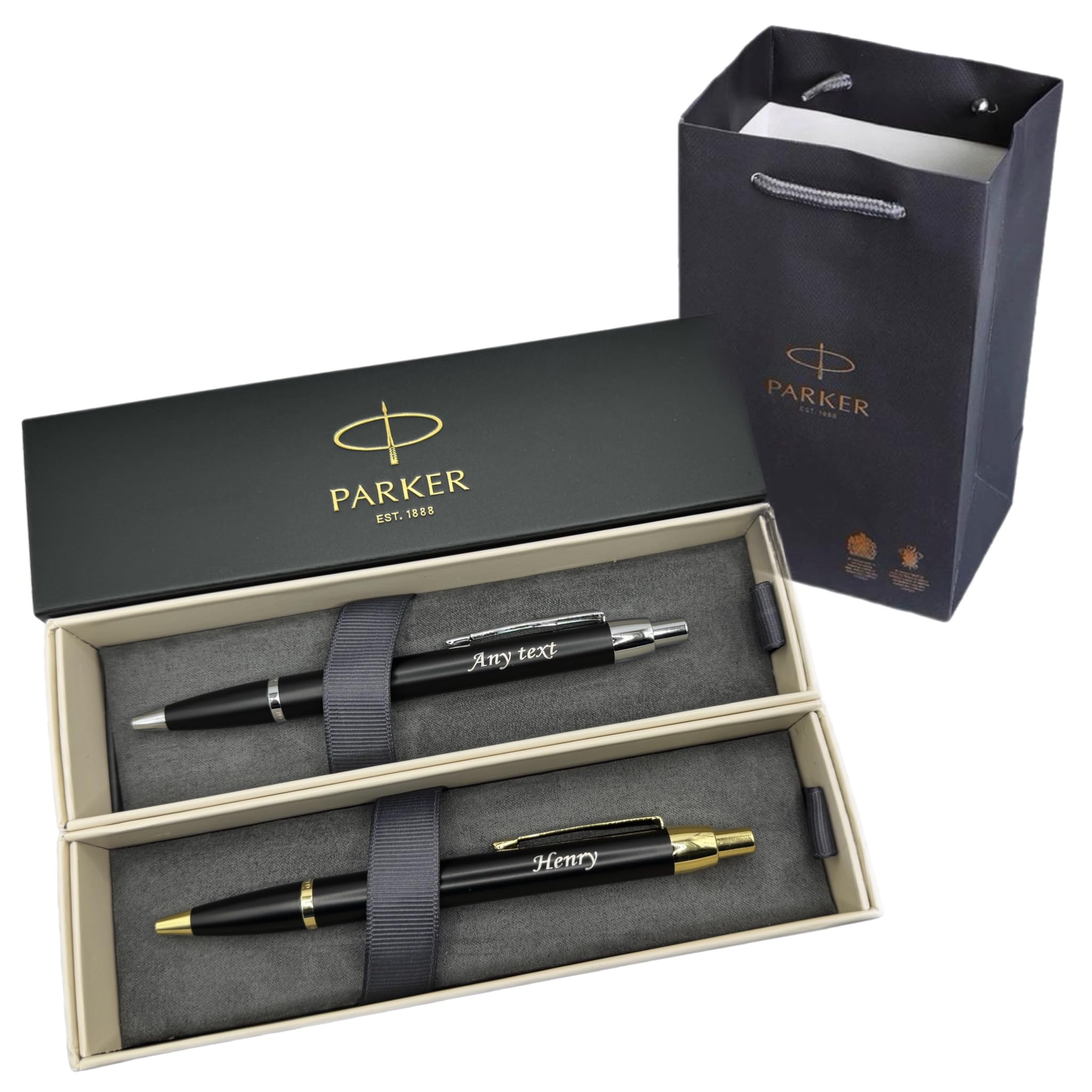 Personalised Engraved Premium Parker Stainless Steel Gold or Silver Trim Ballpoint Pen with Black Ink, Classy Gift Box and gift bag Custom Gift for Christmas, for Men and Women Enter Your Custom Text