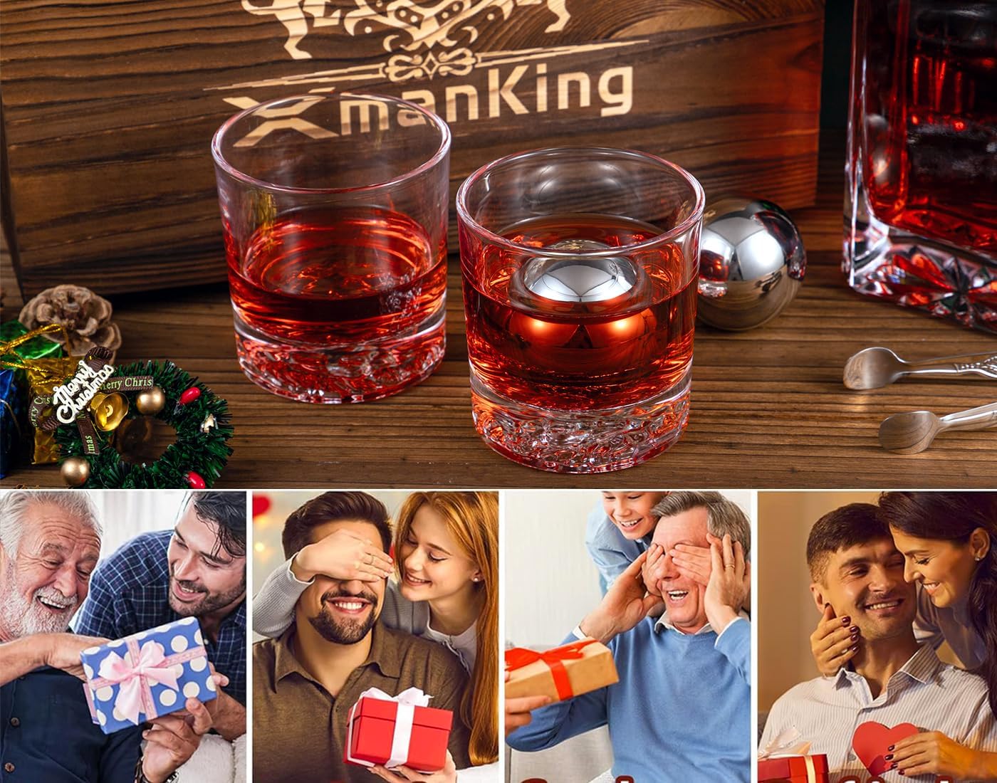 Whiskey Decanter Set with Wooden Box, Lion Whiskey Glasses 10 oz and 25 oz Bourbon Decanter Set with 18/10 Stainless Steel Whiskey Stones, Tongs, Whiskey Gifts for Men Husband Dad Wedding - Image 7