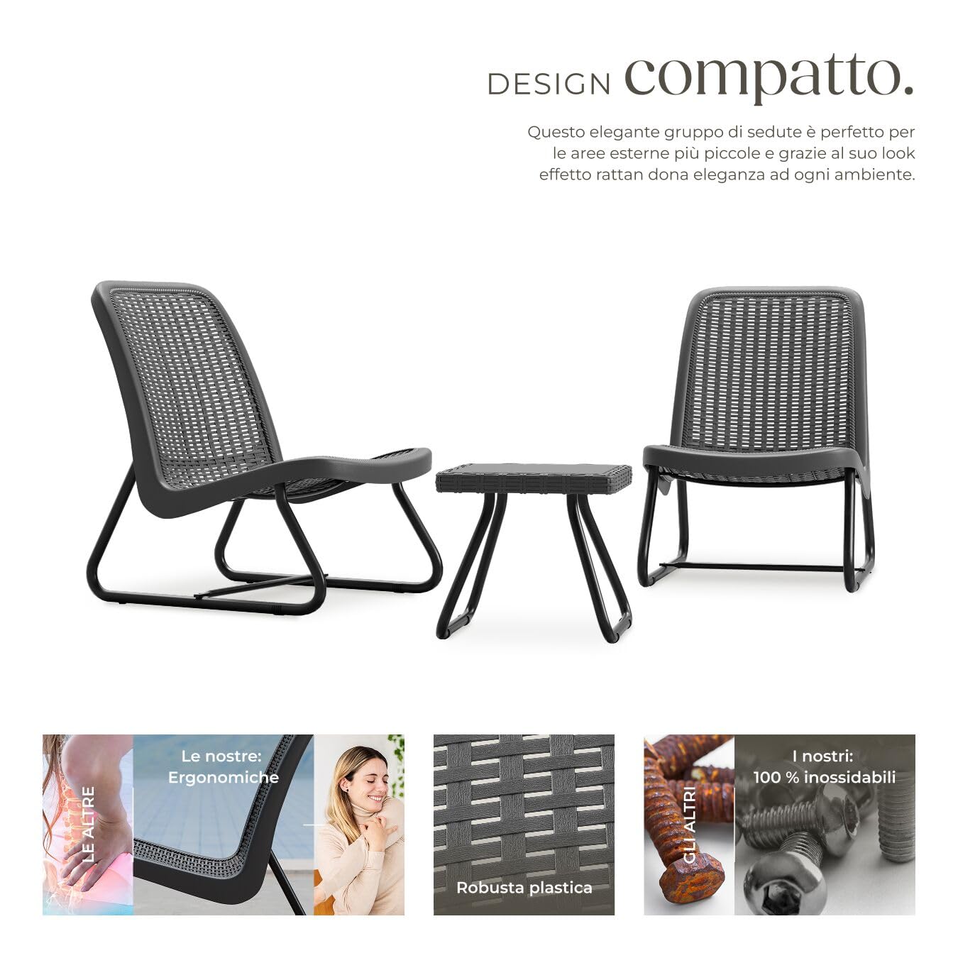 tectake® Salotto da Giardino in Rattan, Salotto da Giardino Esterno con Telaio in Acciaio, 1 Tavolino Salotto, 2 Sedie da Giardino con Schienali Ergonomici e Regolabili in Altezza - Grigio