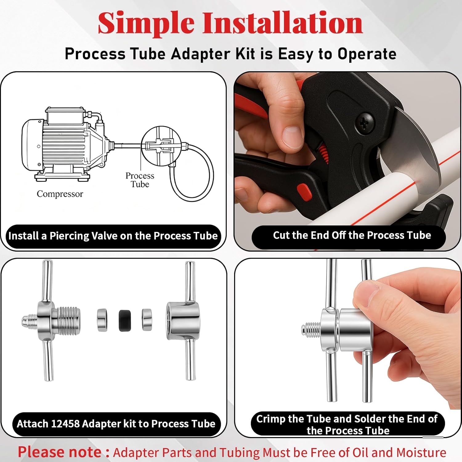 12458 Process Tube Adapter Kit,Charge Line Connection Sealing Tool for 3/16", 1/4", 5/16", 3/8" Copper Tubing,Flareless Line Set Adapters for HVAC AC Charging and Refrigeration, Includes Storage Case