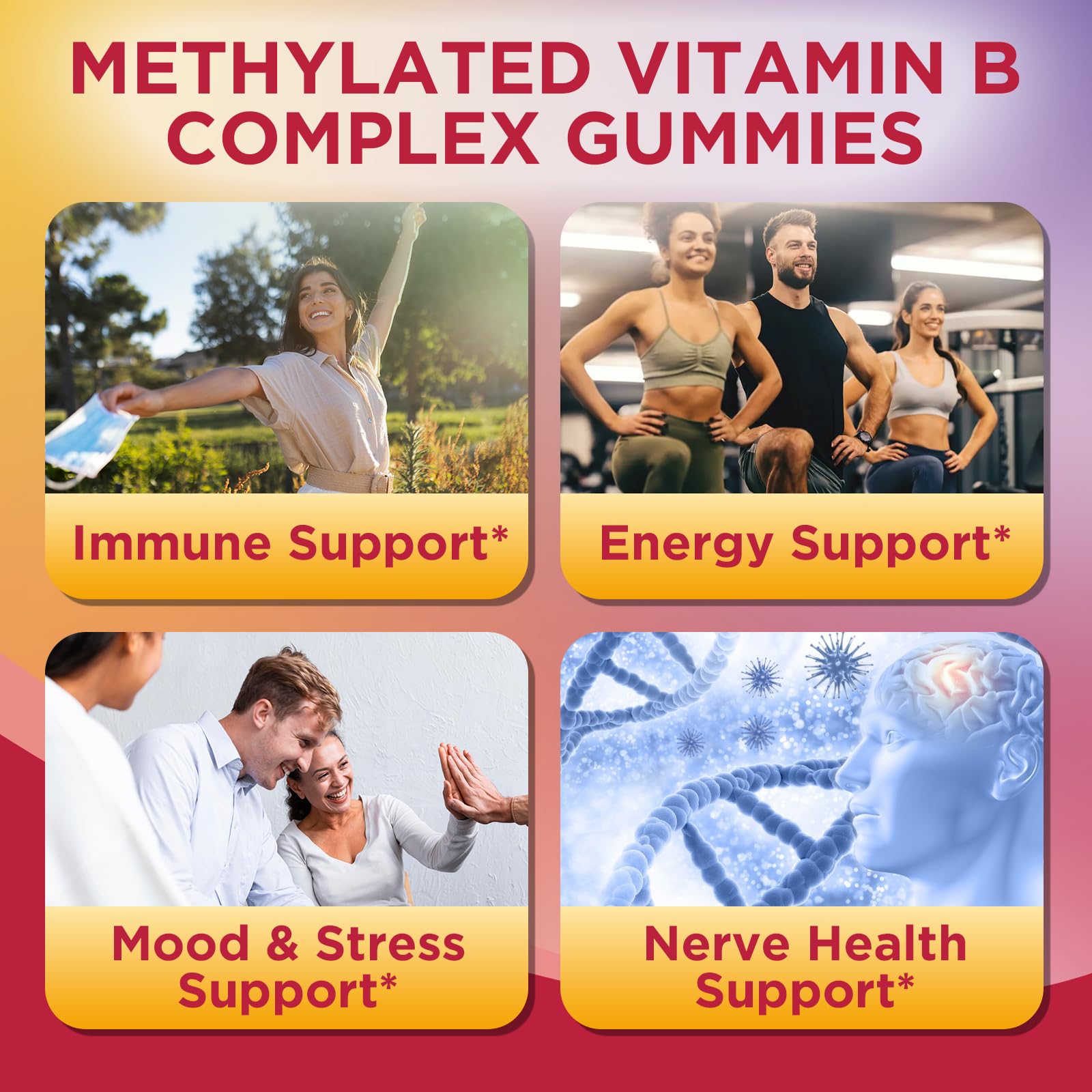 Methylated Vitamin B Complex Gummies for Women & Men with Vitamin B1, B2, B3, B5, B6, B7, B9, B12 & Magnesium, Omega-3, CoQ10, Supports Brain Health, Energy, Immune, Sugar Free, Fruit Flavor, 120ct — Amazon image 4