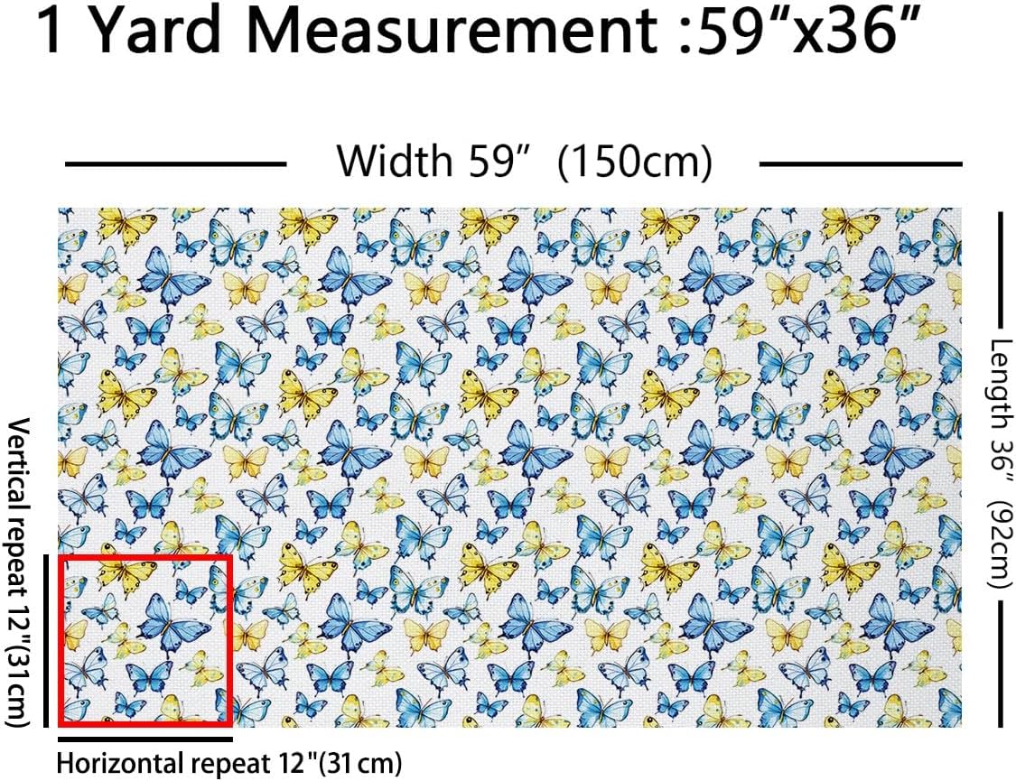 Watercolor Butterfly Upholstery Fabric by The Yard, Colorful Butterflies Nature Boho Animals Decor, Retro Farmhouse Indoor Outdoor Fabric Craft Patchwork, Blue Yellow, 5 Yards