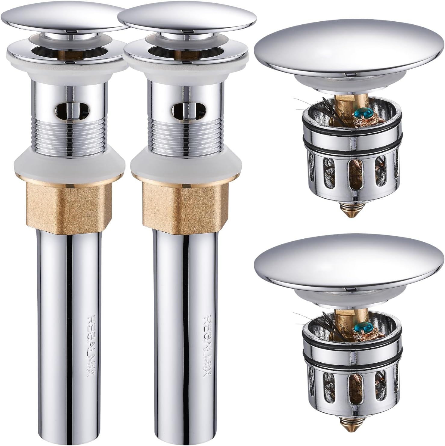 Bathroom Sink Drain with Detachable Hair Catcher Basket, Pop Up Drain Stopper with Overflow Anti-Clogging Vanity Vessel Sink Drain, Polished Chrome 2 Pack All Metal, RM083H-P2