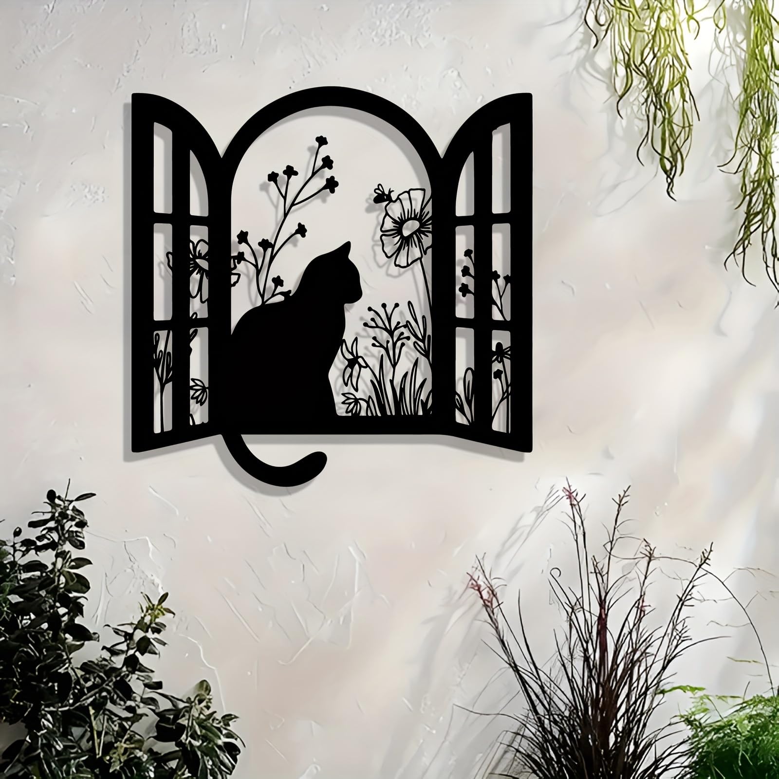 Generico Decoración de pared abstracta contemporánea de Metal con gato en la Ventana, escena Floral con silueta Negra, Hierro, para interiores, hogar, para enamorados (30 cm/11,81 pulgadas)