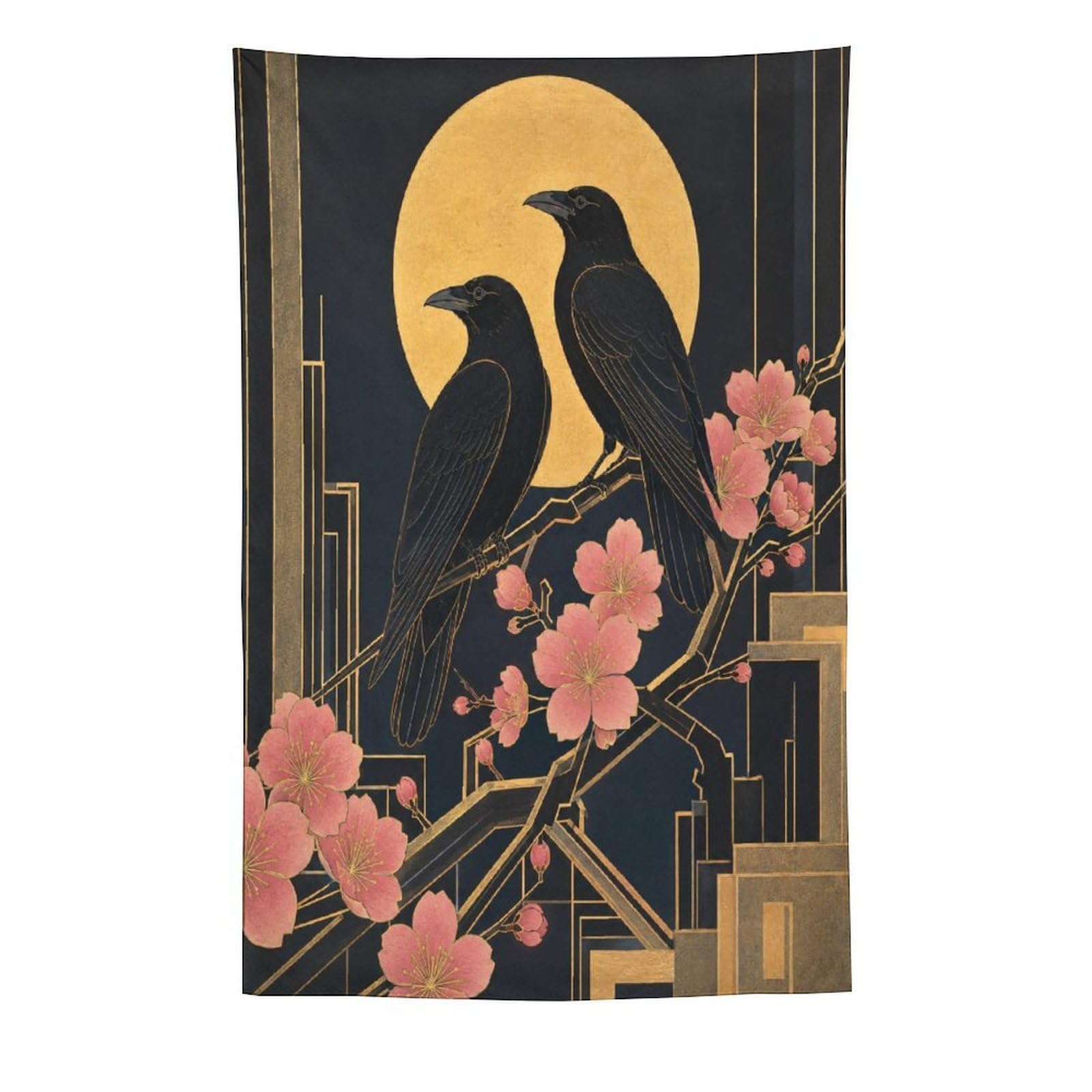 H3B8U2Y5 Raven Pair under Golden Moon Wall Tapestry, Dorm Room