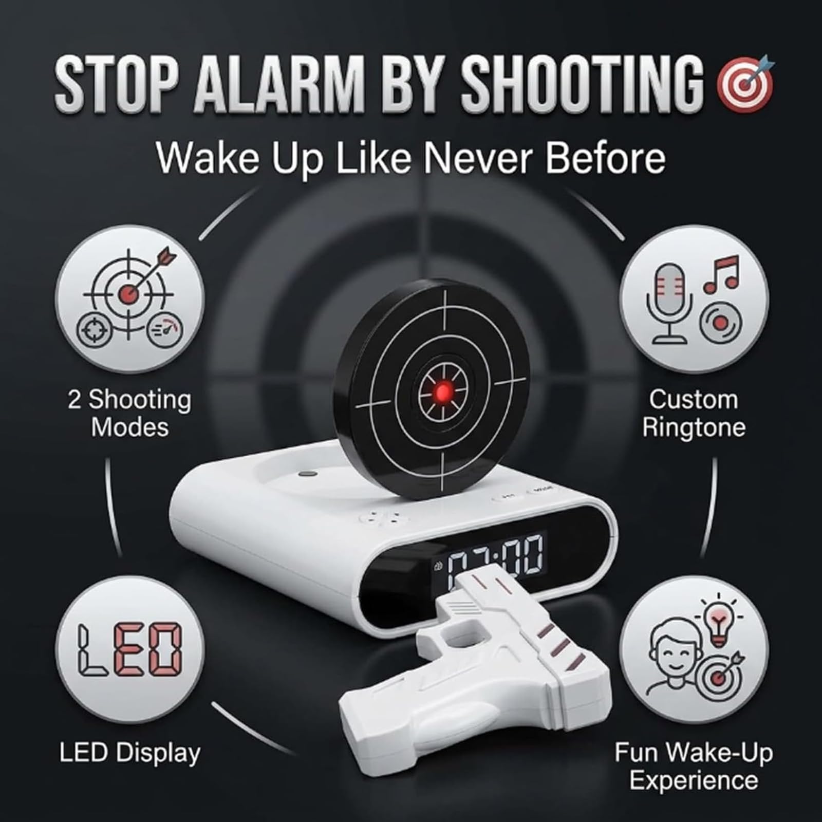 Sveglia interattiva con pistola e bersaglio, timer digitale LED 2 modalità allarme, orologio personalizzato per sonno pesante (Army Green)