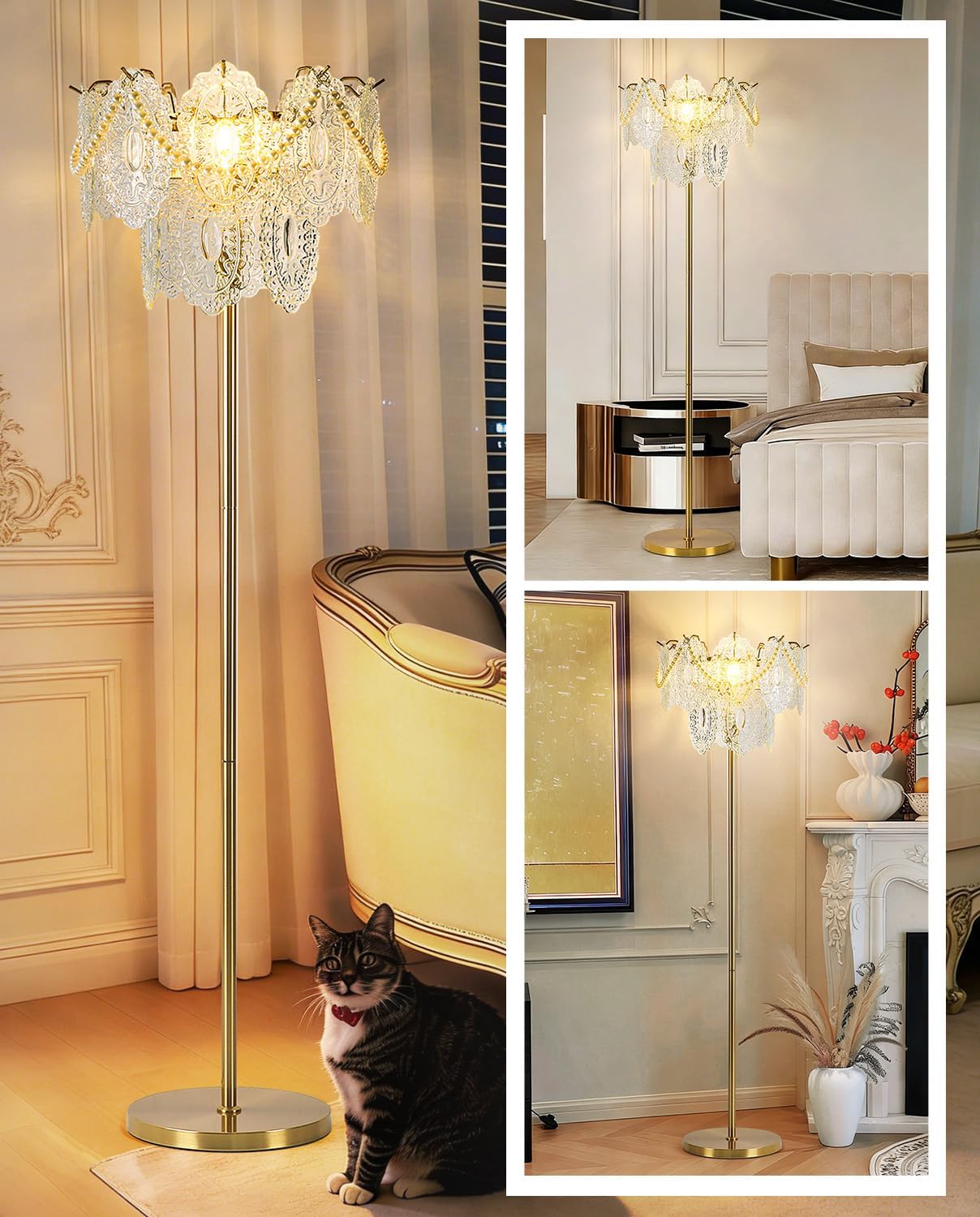 Gold Glass Floor Lamp, 63" Modern Vintage Standing Lamp with Imitation Pearl Decoration, Double-Layer Figured Glass shade, Elegant Brass Standing Floor Lamps for Living Room, Bedroom, Bulb Included
