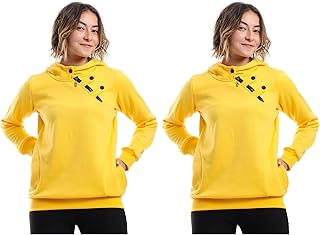 سويت شيرت بغطاء رأس وتصميم مغلق مع سوستة وأزرار للنساء من قيصر، لون أصفر، مقاس ميديوم (2 قطعة)