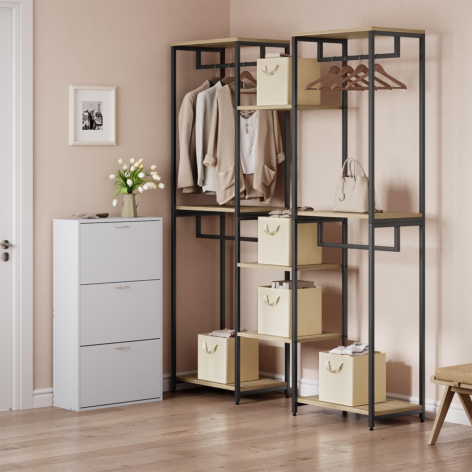 WOLTU Faltbare Aufbewahrungsboxen 10 Stück, mit Griffen,Creme,26x26x26cm | Stoffboxen mit Griffen und Metallrahmen, Aufbewahrungswürfel für Schlafzimmer, Arbeitszimmer, Wohnzimmer, Mehrzweck,
