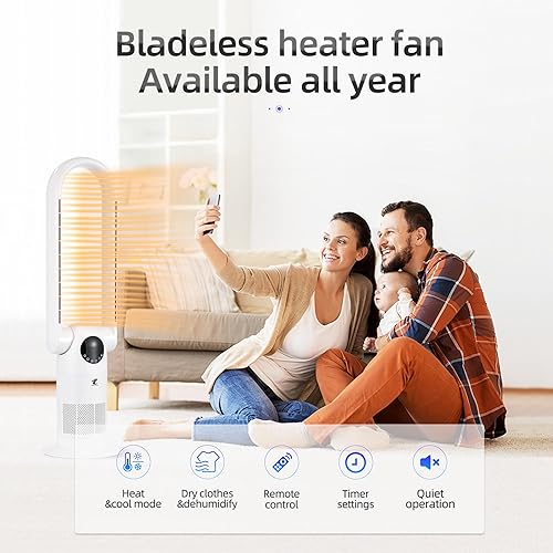 Miniatura 4 de Ocean Loong Calentador de espacio de 1500 W y ventilador de torre sin aspas de 38.6 pulgadas para el dormitorio del hogar, calentador eléctrico