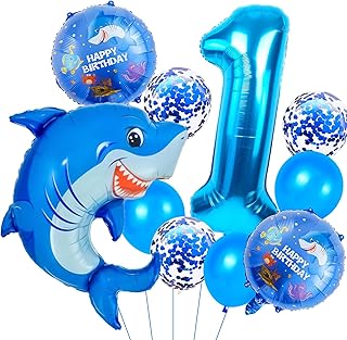 Shark 1 Balloon Number, Blue, 1st Birthday Decorations Boy, Ocean Party Decorations (11pcs)