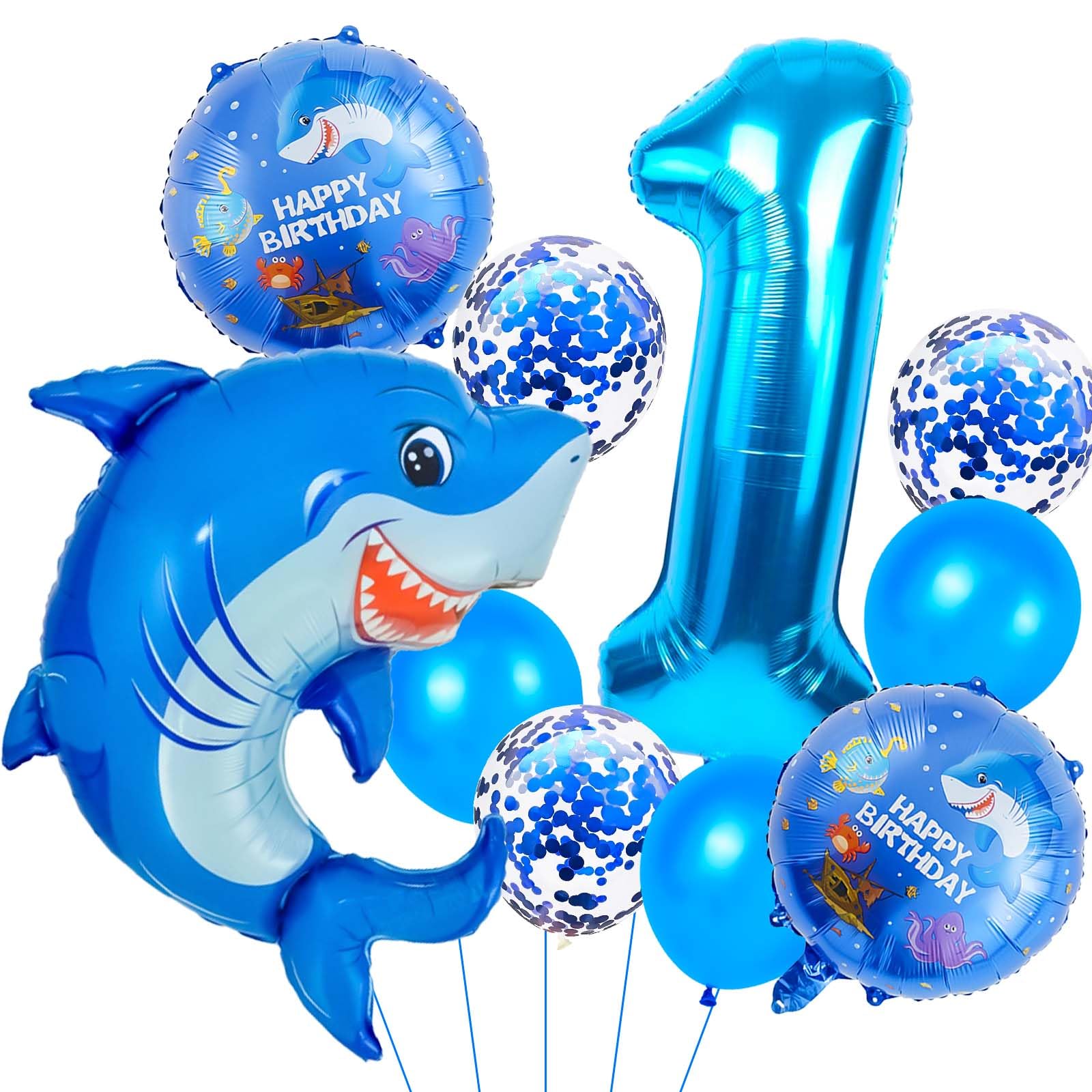 Wclliuchi Shark 1 Balloon Number, Blue, 1st Birthday Decorations Boy, Ocean Party Decorations (11pcs)