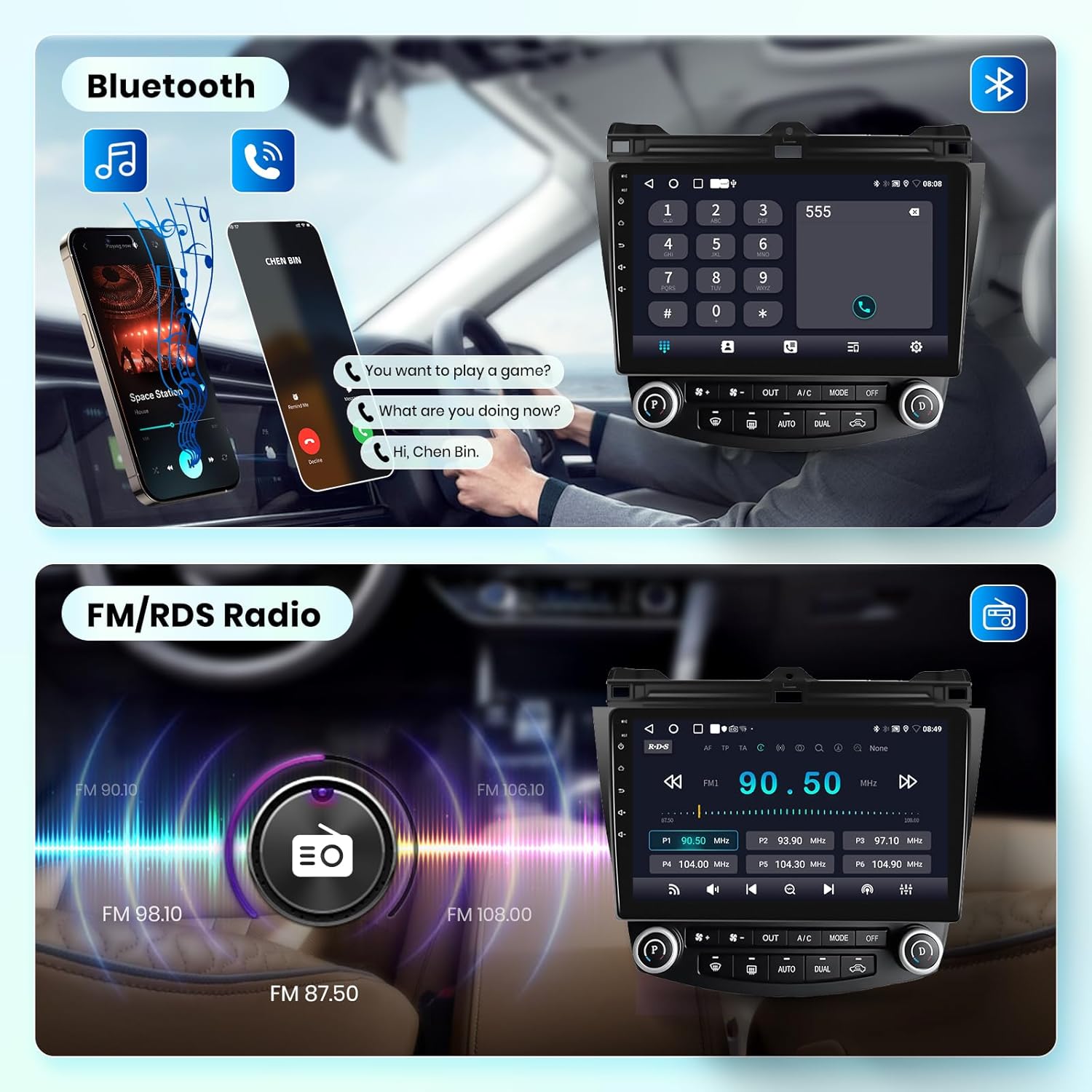 2+64G Android Car Radio Stereo for Honda Accord 2003-2007 with Wireless Carplay Android Auto, 10.1’’ Touch Screen Head Unit Bluetooth Mirror Link GPS Navigation WiFi FM/RDS EQ AHD Backup Camera SWC