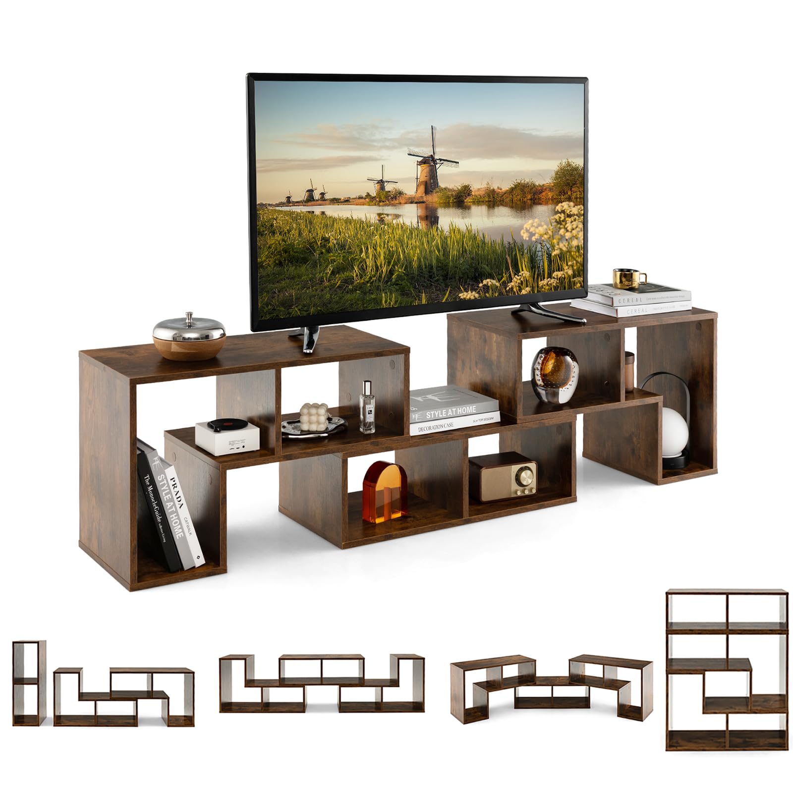 COSTWAY Televisiekast, 3-delig, vrij te combineren, houten televisietafel voor tv's tot 65 inch, tv-lowboard, hoekplank, uittrekbaar, boekenkast, opbergrek, multifunctioneel (grijs, 134-180) x 30 x 43