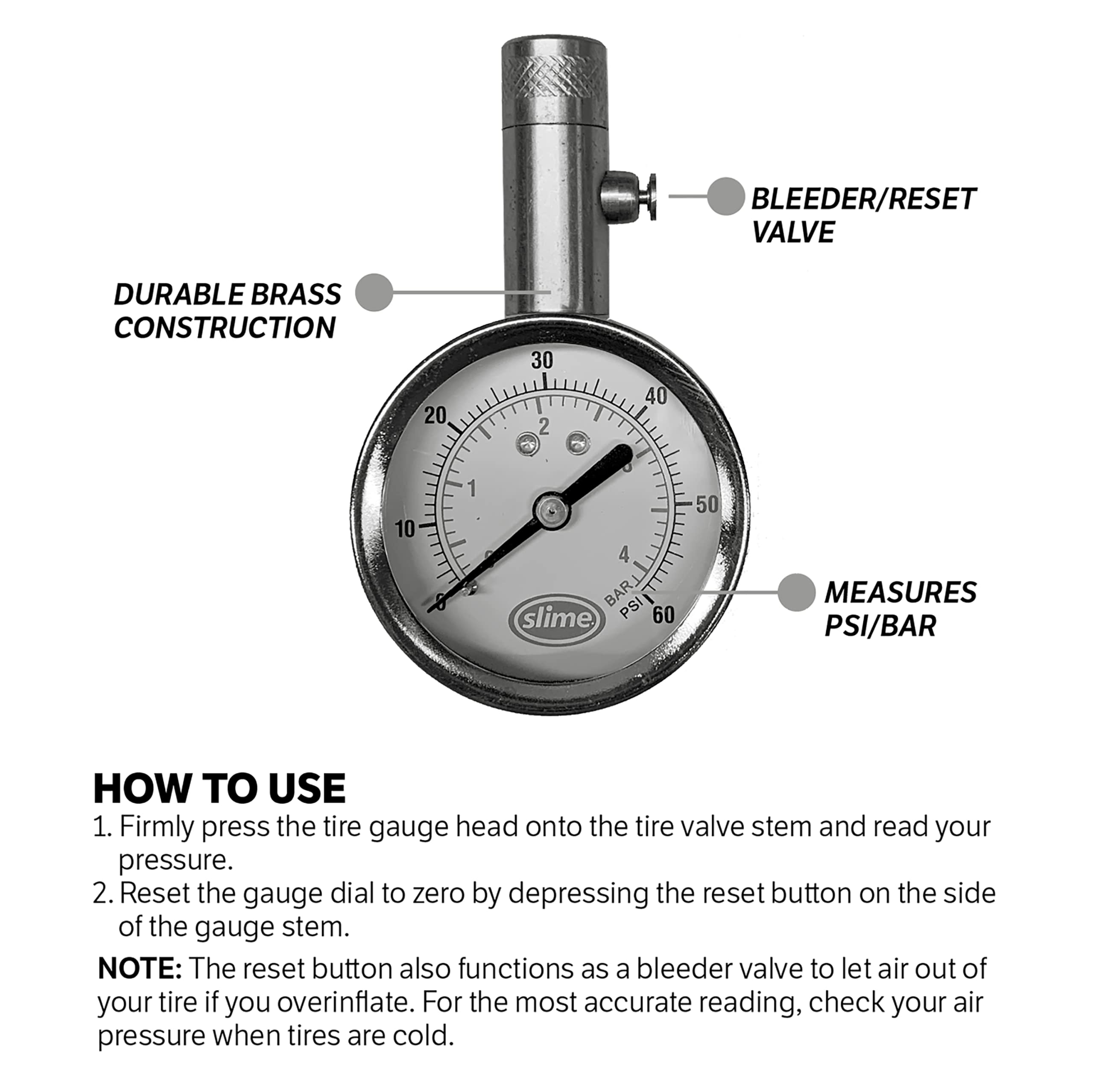Slime 20459 Tire Pressure Gauge, Dial, Analogue, Brass Tire Gauge (5-60 psi)