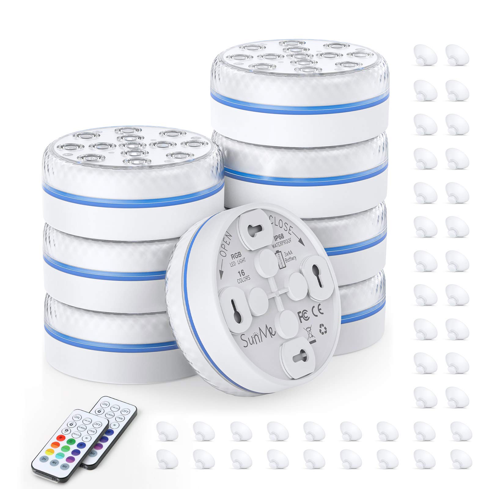 SUNME Submersible LED Pool Lights for Above Ground/Inground Pools,Full Waterproof Pond Lights Underwater,Super Bright Colored Shower Light with Remote RF,4 Suction Cups,Battery Operated (Pack of 8)