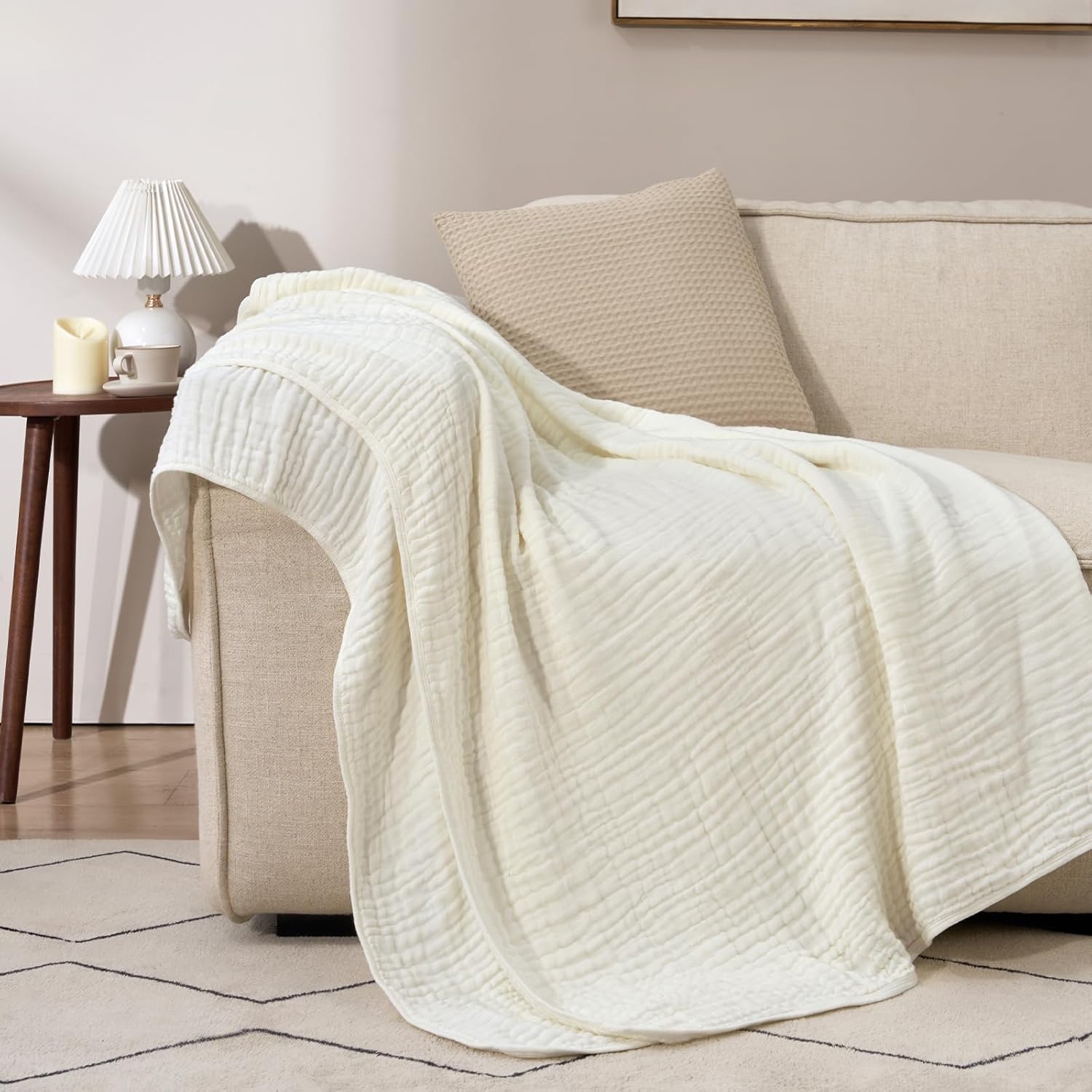 PHF Cooling Muslin Throw Blanket 50"x70", 6-Layer Lightweight Gauze Blanket Made from 35% Rayon Derived from Bamboo & 65% Cotton, Breathable & Ultra Soft Cozy for Hot Sleepers, Snow White