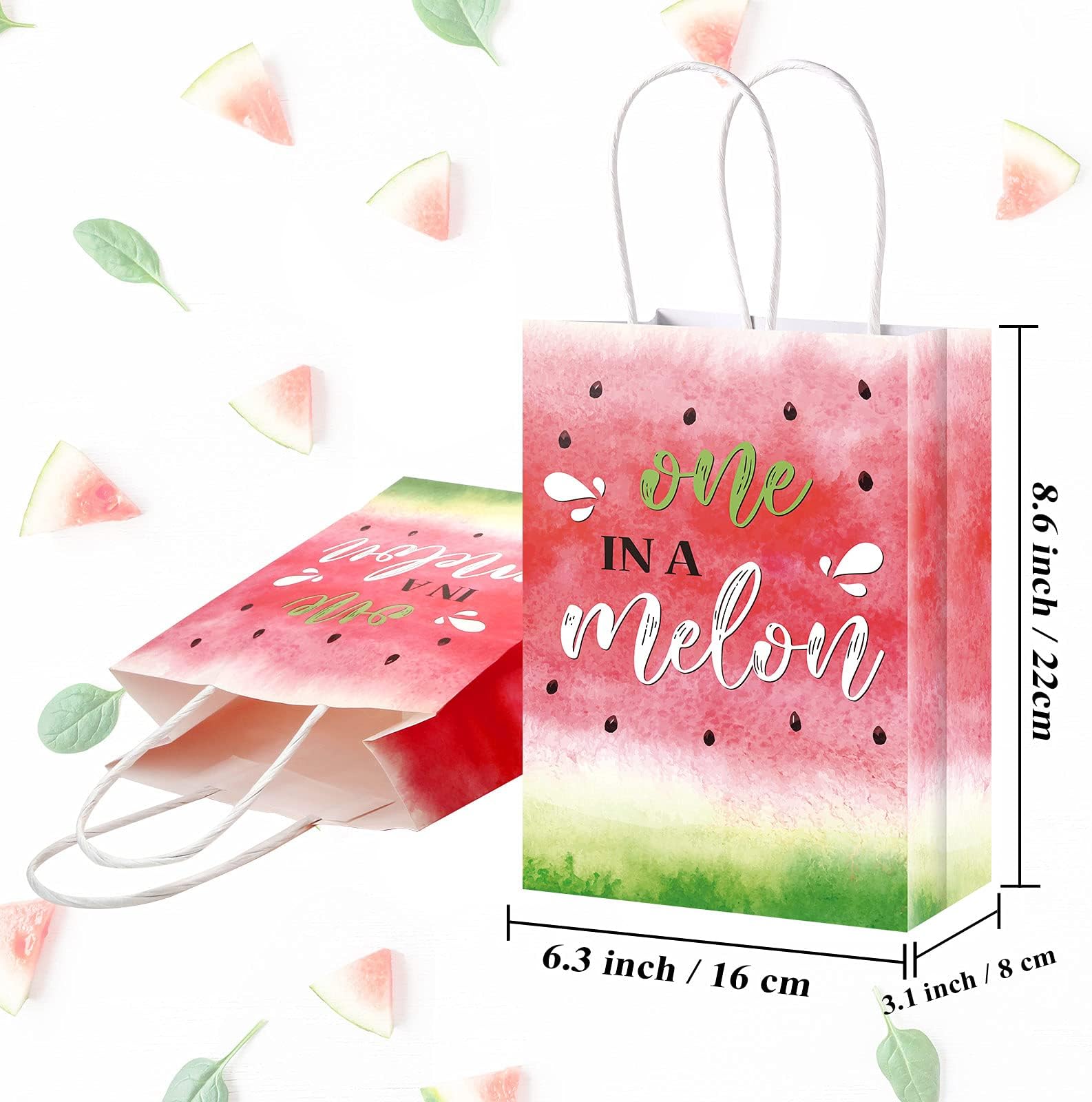 Zonon 16 Pieces Watermelon Party Bags with Paper Twist Handles, Watercolor One in Melon Candy Goodie Bags Treat Bags Present Bag for Summer Watermelon Birthday Baby Shower, 6.3 x 3.1 x 8.7 Inches