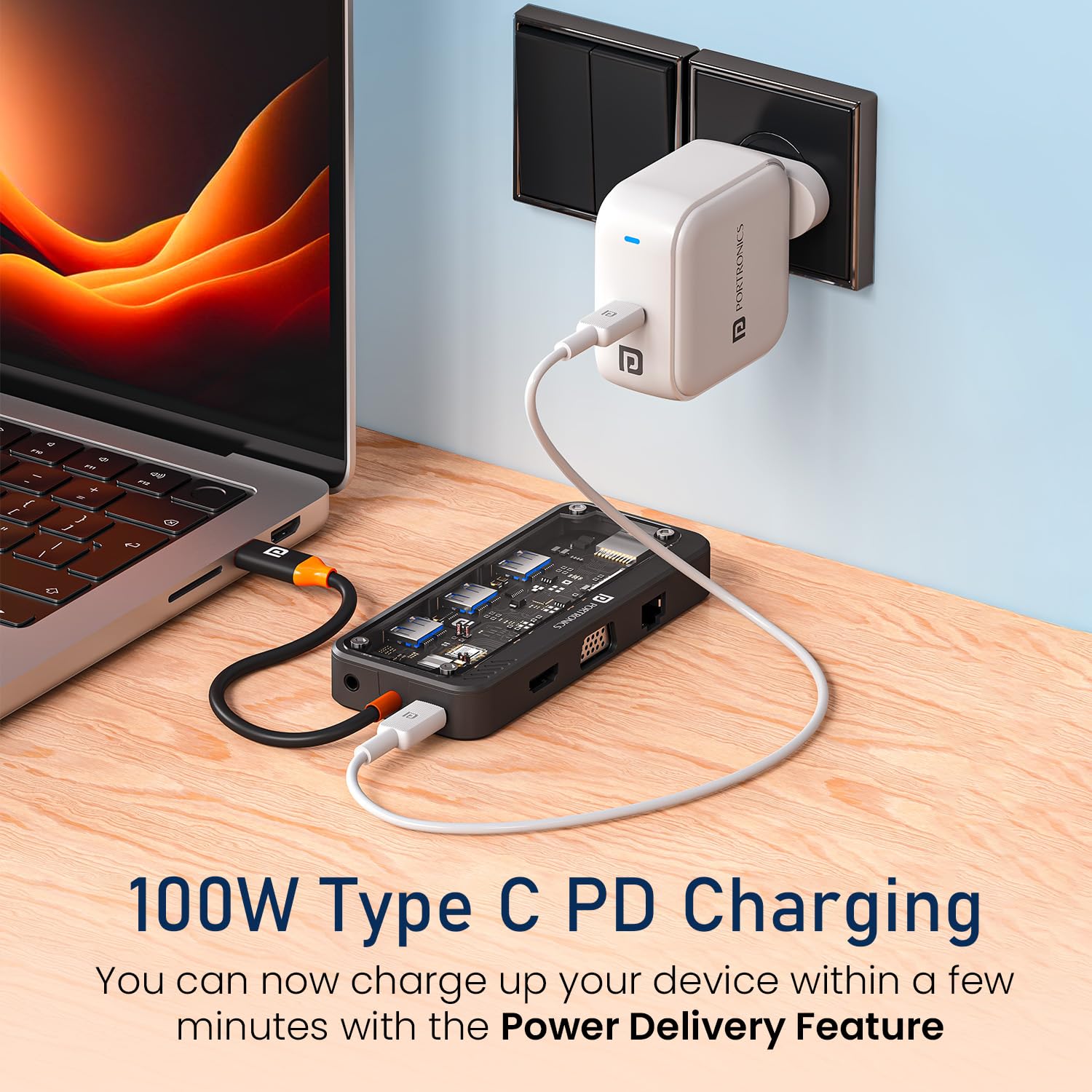 Portronics MPort View Three connected to a power adapter, illustrating 100W Type C PD Charging