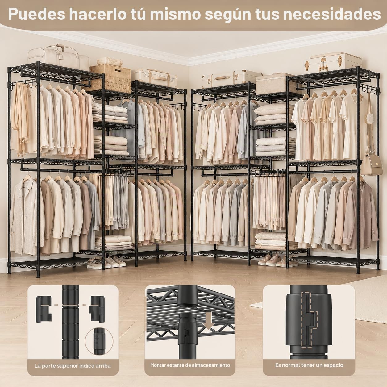 Burro de Ropa Ajustable con Estantes y Barras para Ropa | Capacidad de carga de 435 kg, Con Ganchos, Negro, 187 × 44 × 193 cm