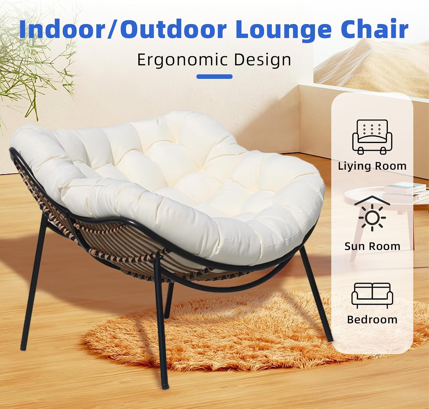 Outdoor Rattan Papasan Chair, Wicker Patio Chair with Thick Cushion,Oversized Lounge Chairs for Balcony Porch Garden Yard (3 PCS, White)