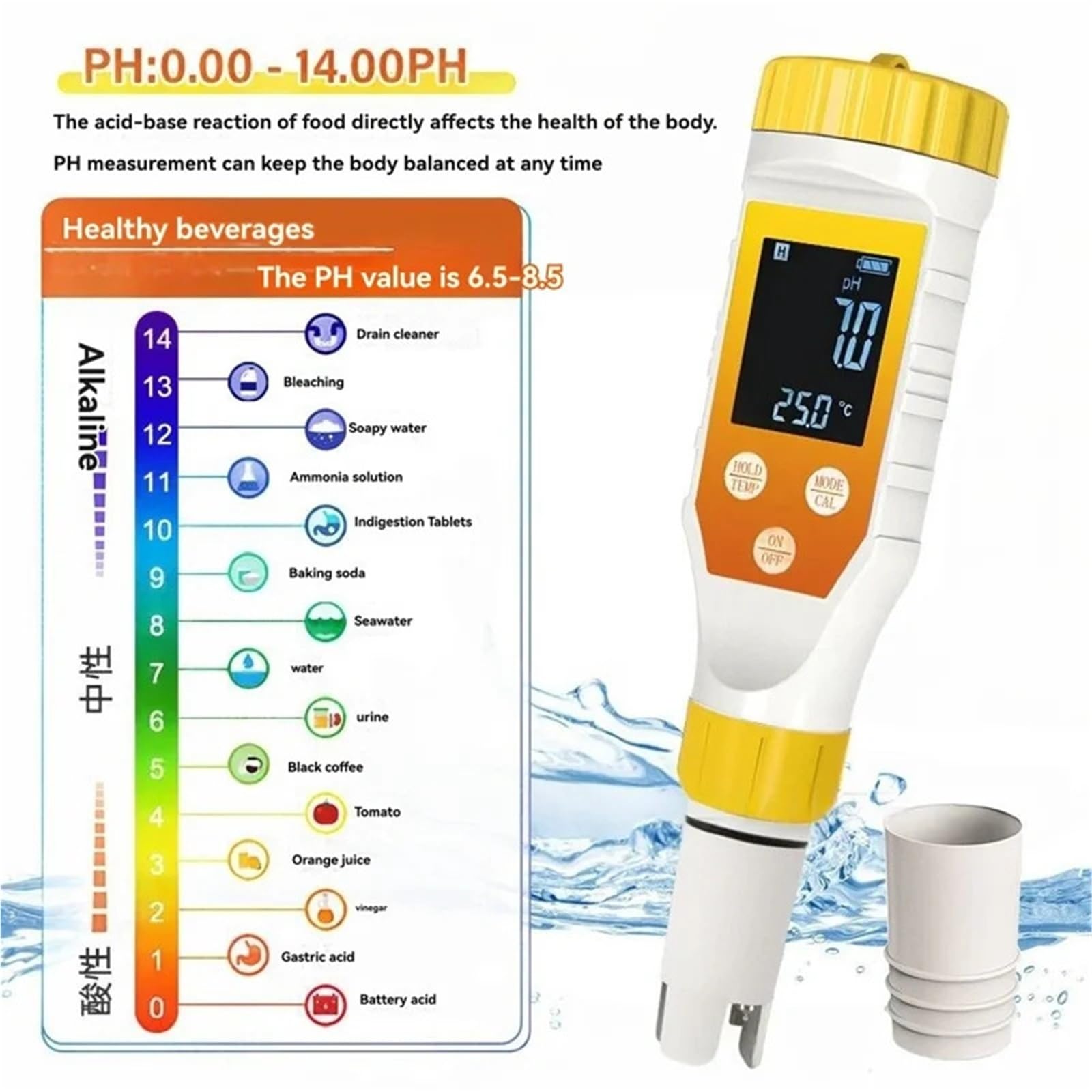 Probador de calidad del agua 7 en 1 for piscinas, spas y acuicultura, pH/CE, TDS/H2, hidrógeno/ORP, salinidad, IP67, resistente al, Monitor técnico