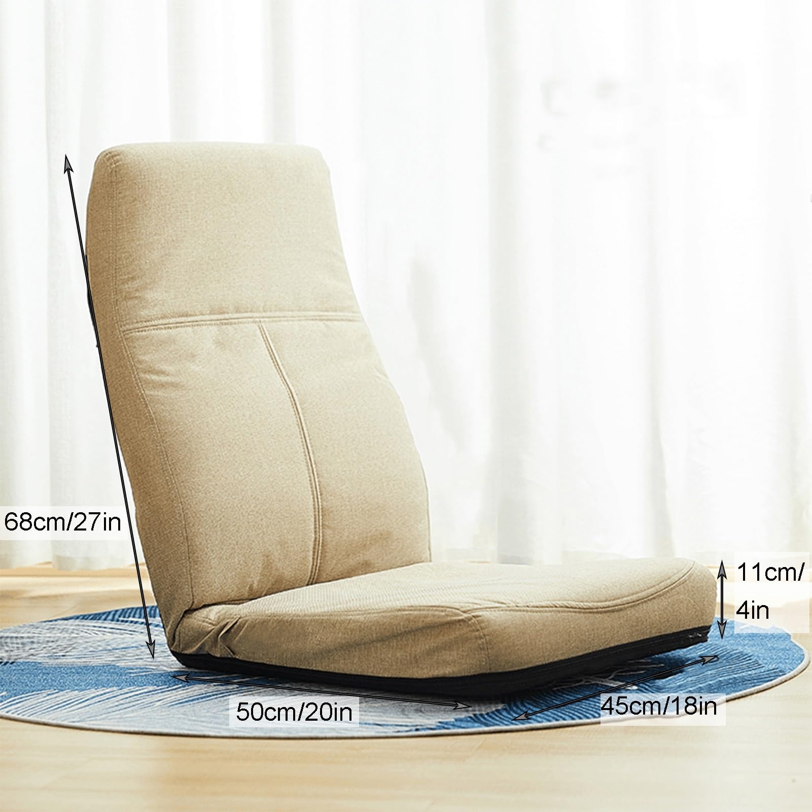 Silla De Piso, Totalmente Ajustable Sillón Reclinable Plegable, Sofá Cama Acolchado con Soporte para La Espalda para Balcón Sala De Estar Lectura Dormitorio (Color : Beige, Tamaño : 18x20x27