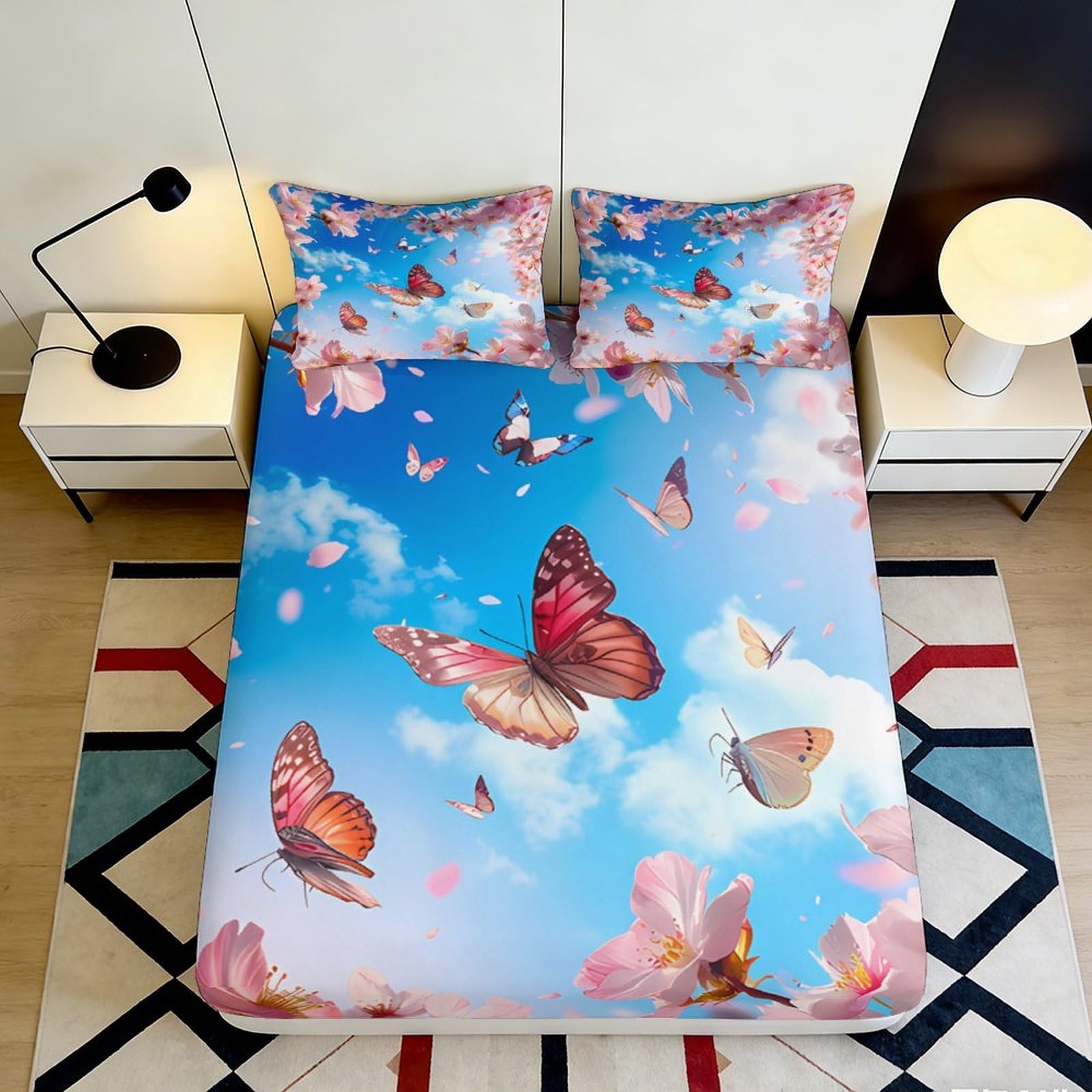 Uxinyoume Style-4 3D Printed Butterfly Sky Fitted Sheet Microfiber Soft Matt Decor Pink Blue Mattress Cover For Bedroom Guest Room 90X200x25cm