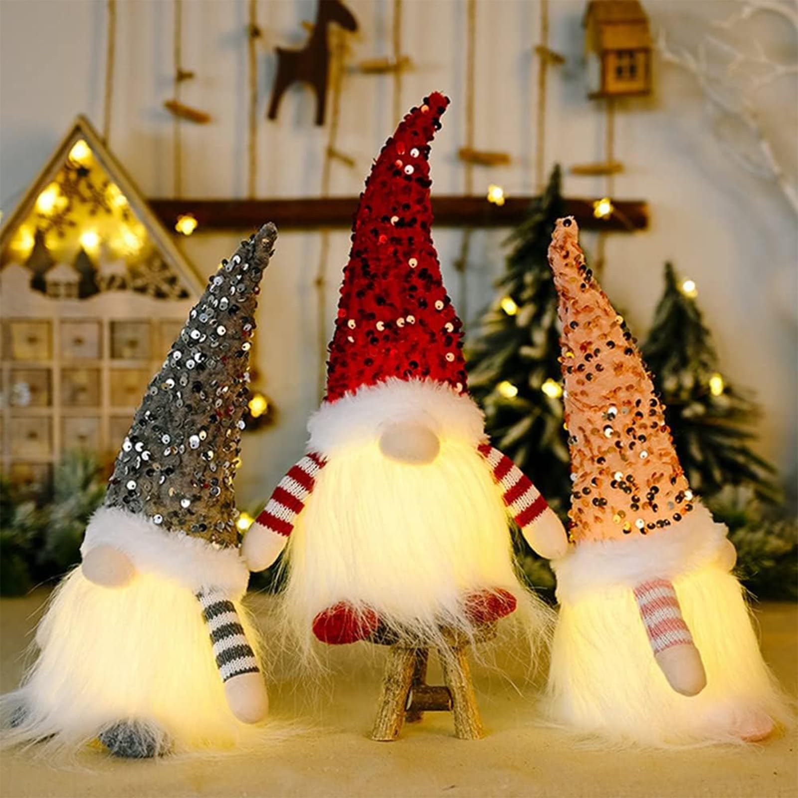 3PCS Gnomes Christmas Decorations with LED Lighting Beard, Handmade Swedish Tomte Xmas Gnomes Plush Doll, Scandinavian Santa Elf Table Ornaments, Lighting Hanging Christmas Tree Decorations Home Decor