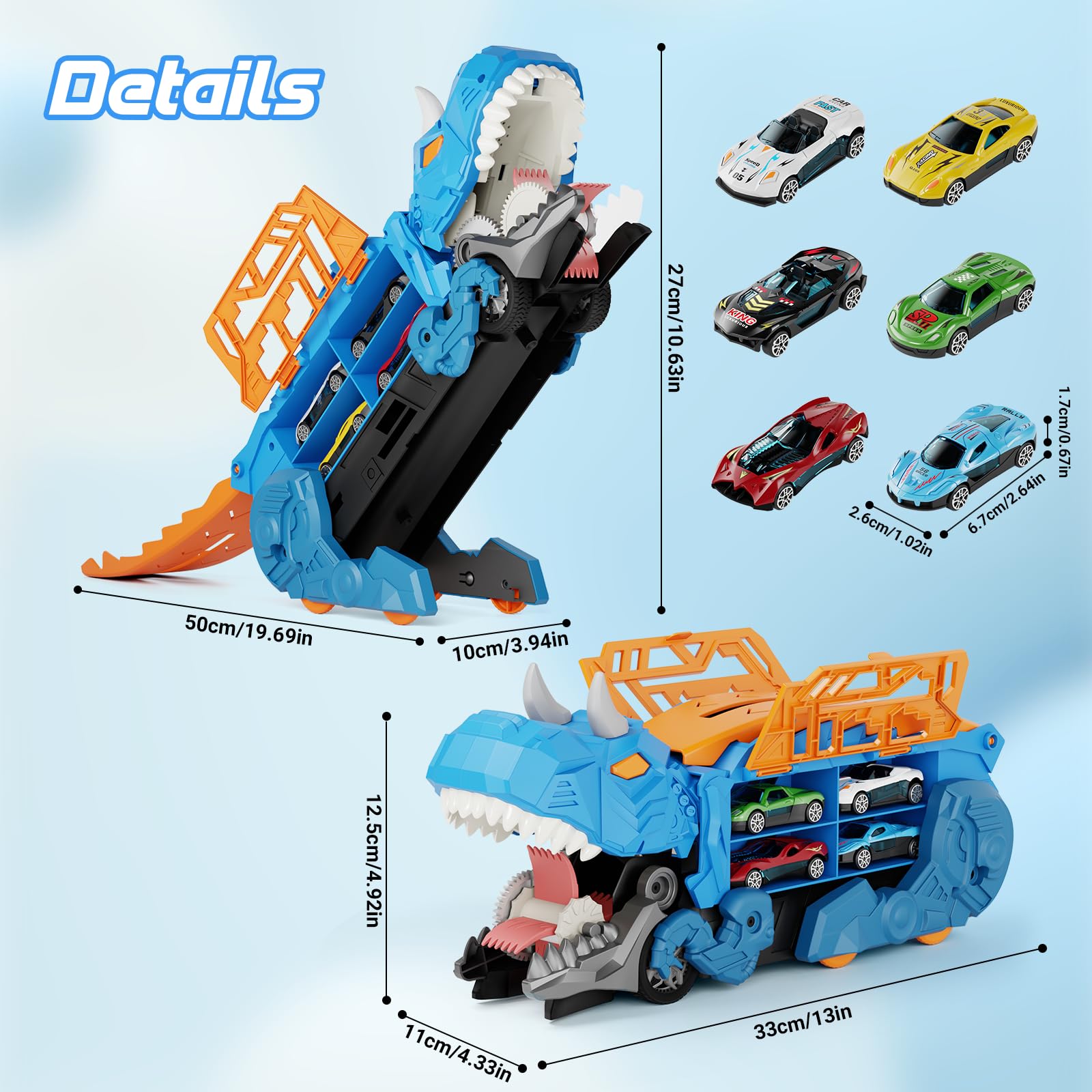 Shawe Dinosaurier Transporter Truck Auto Spielzeug ab 3 4 5 6 Jahre mit 6 Die-Cast-Fahrzeugen, Autorennbahn Aufbewahrung Verschlucken Transformierbar Spielzeugautos Geschenk für Jungen Mädchen Kinder