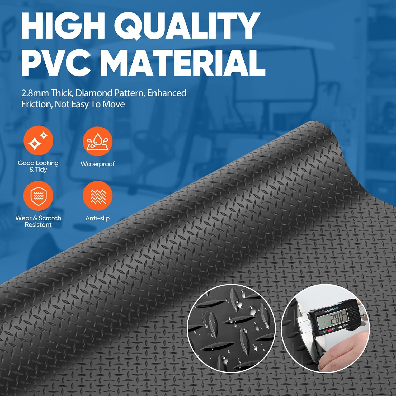 FAHKNS 8.1x21 FT Garage Floor Mat, 2.8mm Thickened Flooring Roll for Under Car Diamond Plate PVC Rubber Mat,170 SQFT Heavy Duty Non-Slip Rubber Floor Parking Mat for Trailer SUV Basement Gym9(Black)