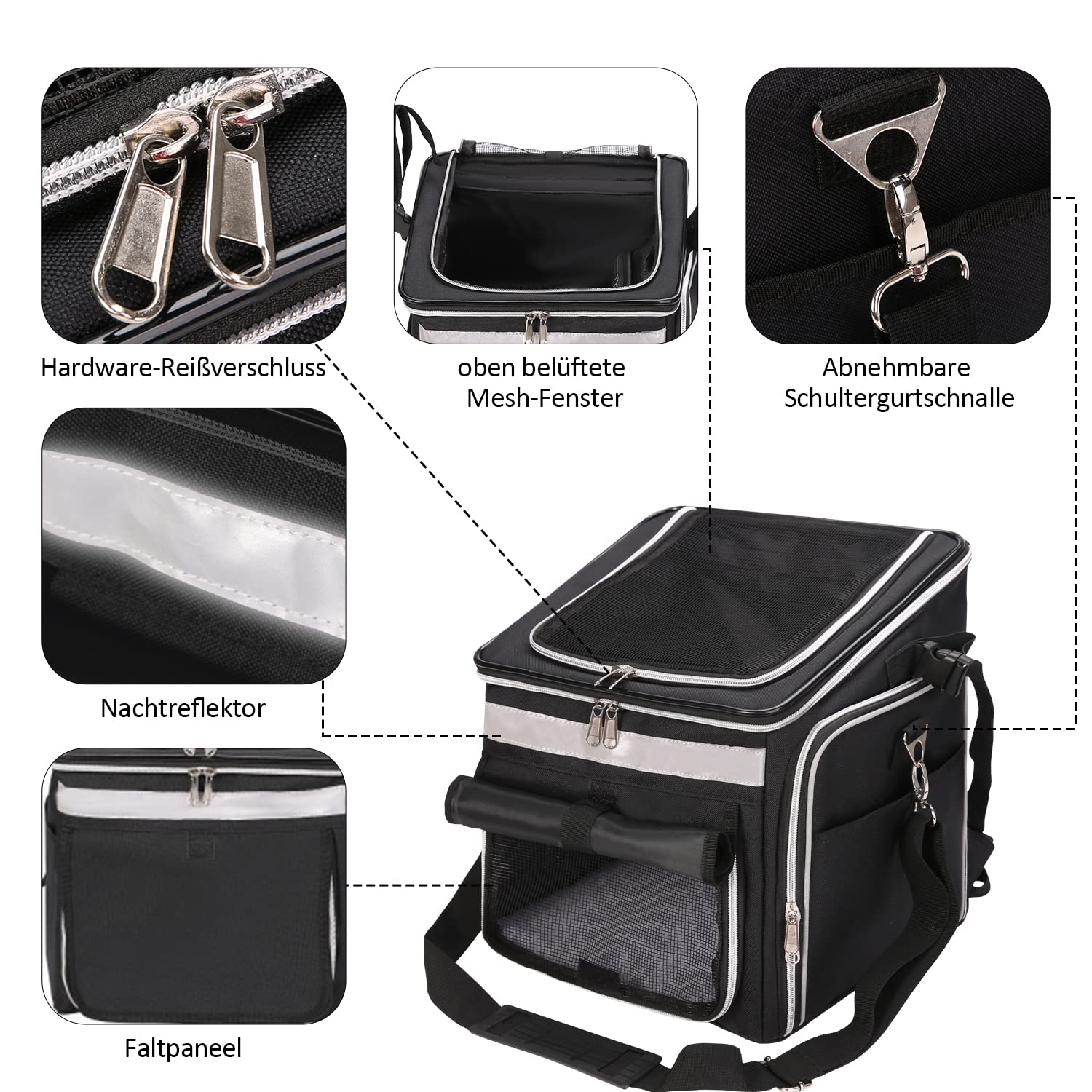 Haustier Fahrradtasche für Hunde Katzen, Haustier Rucksäke mit Vorne Atmungsaktiv Netzfenster, Faltbarer Raum Tragetasche für Kleine Mittlere Hunde und Katzen 6kg (Schwarz)