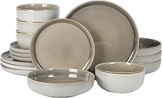 Gibson Elite Sunveil 16 Piece (Service for 4) Plates and Bowls Reactive Glaze Round Dishes Stoneware Ceramic Dinnerware Set - Light Taupe