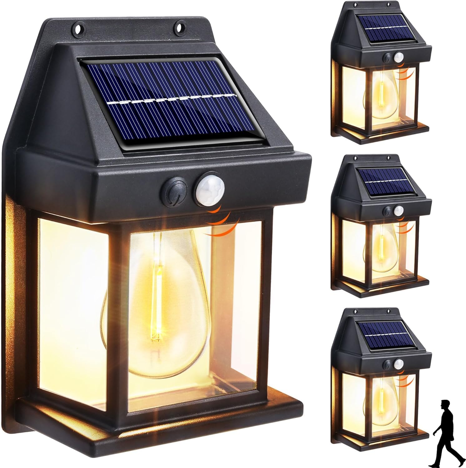 Joomer 4 Paquete Luz Solar Exterior Jardin 3 Modos Luces Solares Apliques de Exterior con Sensor de Movimiento, IP65 Impermeable Lampara Solar Pared para Garaje, Calle, Patio, Blanco Cálido