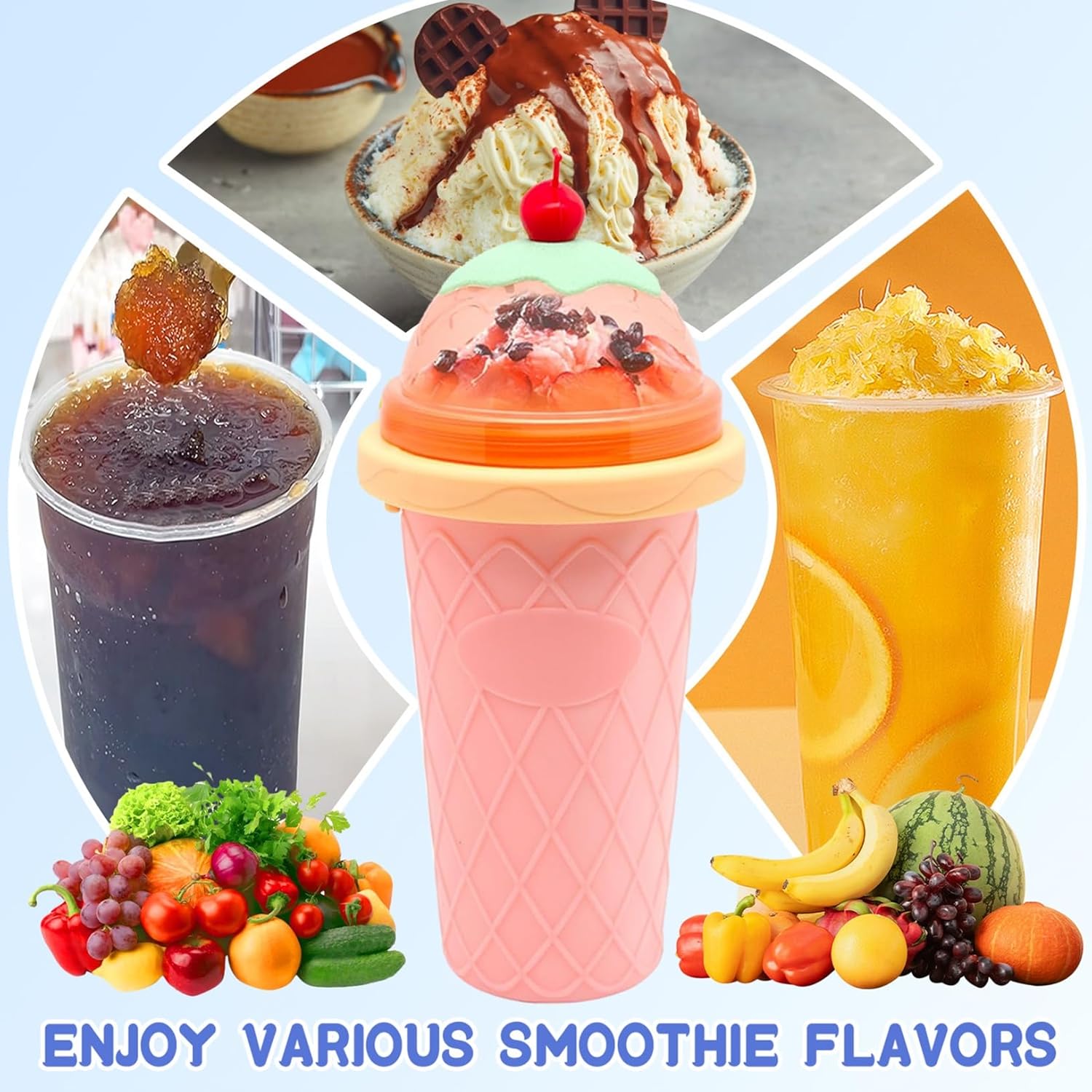 FANS-ONE Slushie Cup, 2 Pack Slushy Maker Cups, DIY Magic Squeeze Cups for Juice Milk Yogurt Make, Portable Double Layer Cup with Lid & Straw Cool Stuff Things for Kids Friends Family (Blue+New Pink)