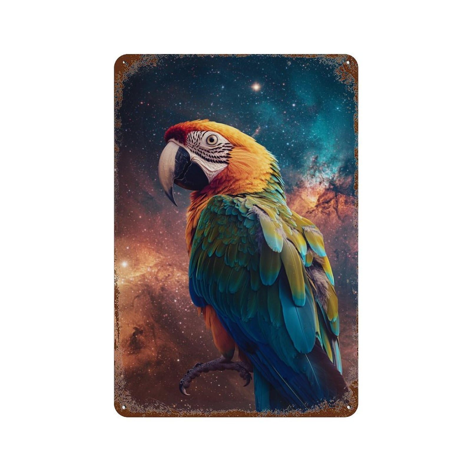 Parrot in Space Weathered Tin Sign 11.8"x7.9", for Shed, Workshop And Garage Wall Decor, Decorative Metal Wall Art