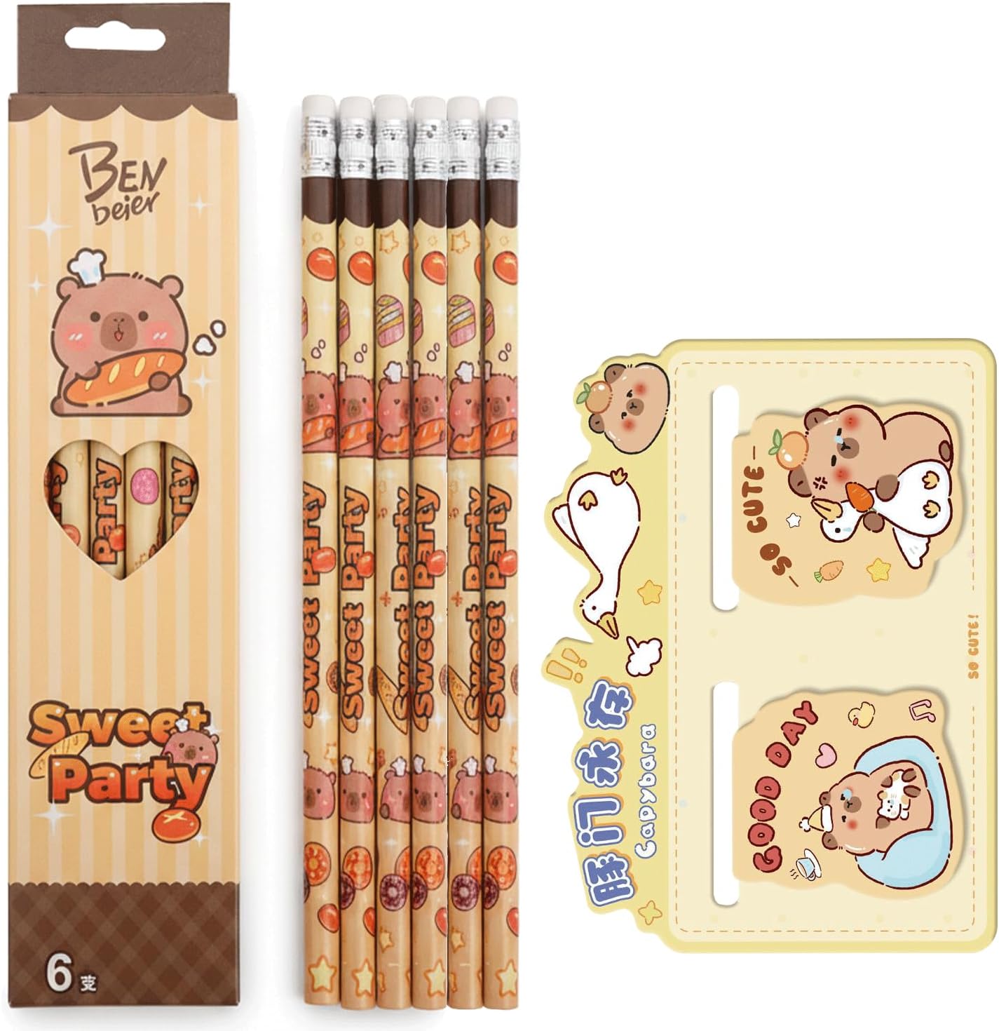 LEMONSTONE Capybara Pencils Set, 6 Pieces Pencils 2B Black, with 2 Bookmarks, Capybara Pencil with Eraser, 2B Pencils for Drawing, Writing, School, Children, Home (Capybara)